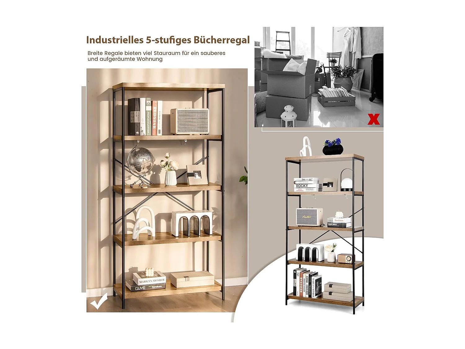 Boekenkast met 5 niveaus, staand rek met metalen frame, vrijstaand rek, kantoorrek voor woonkamer, slaapkamer,79 x 35 x 160 cm, industrieel design (bruin)TI71592