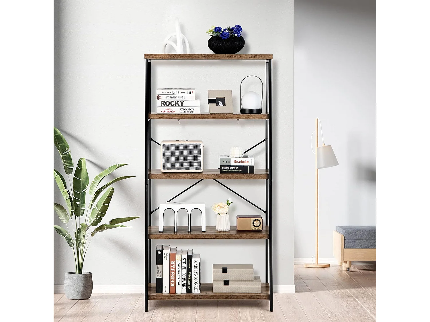 Boekenkast met 5 niveaus, staand rek met metalen frame, vrijstaand rek, kantoorrek voor woonkamer, slaapkamer,79 x 35 x 160 cm, industrieel design (bruin)TI71592