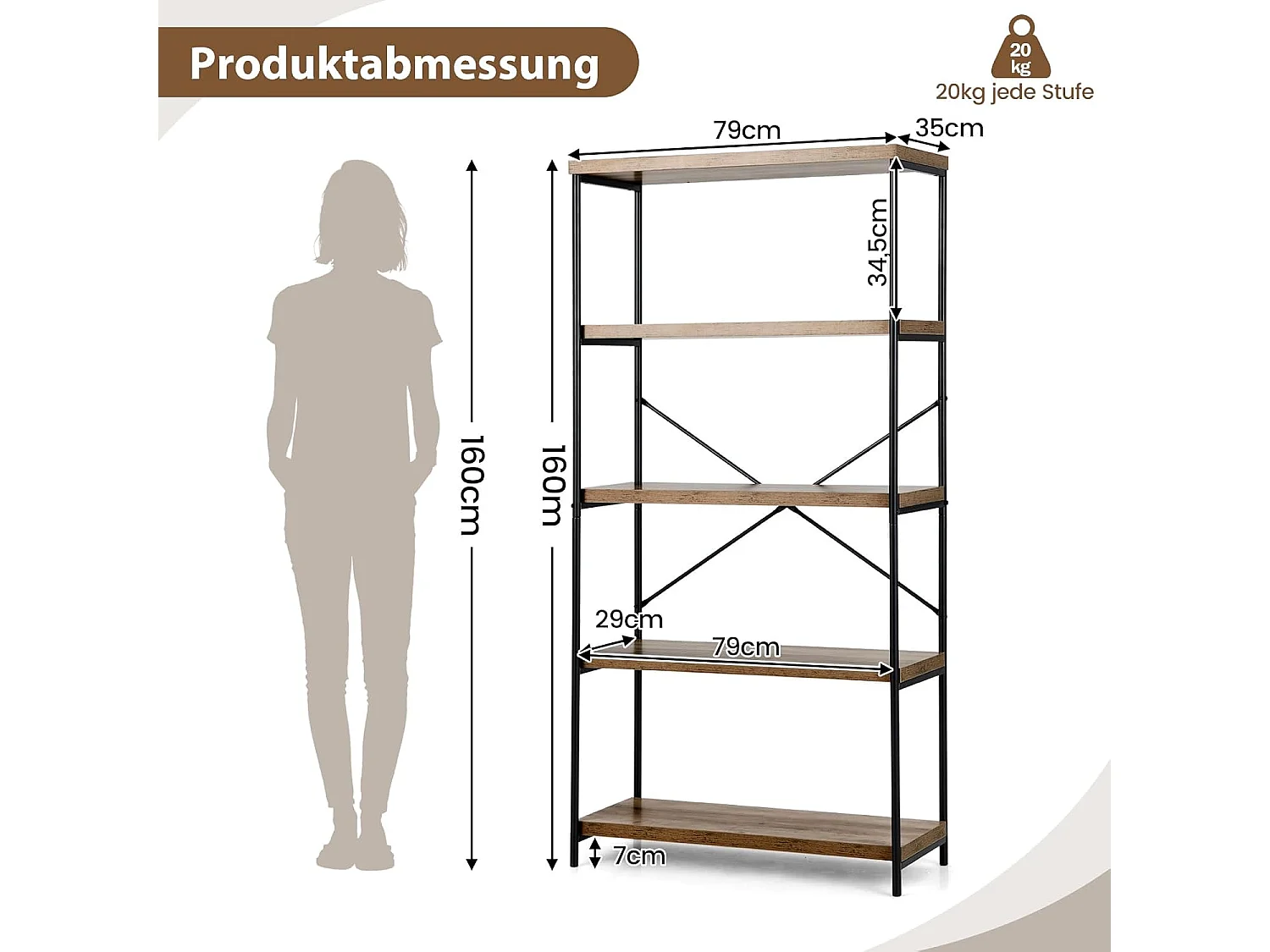 Boekenkast met 5 niveaus, staand rek met metalen frame, vrijstaand rek, kantoorrek voor woonkamer, slaapkamer,79 x 35 x 160 cm, industrieel design (bruin)TI71592