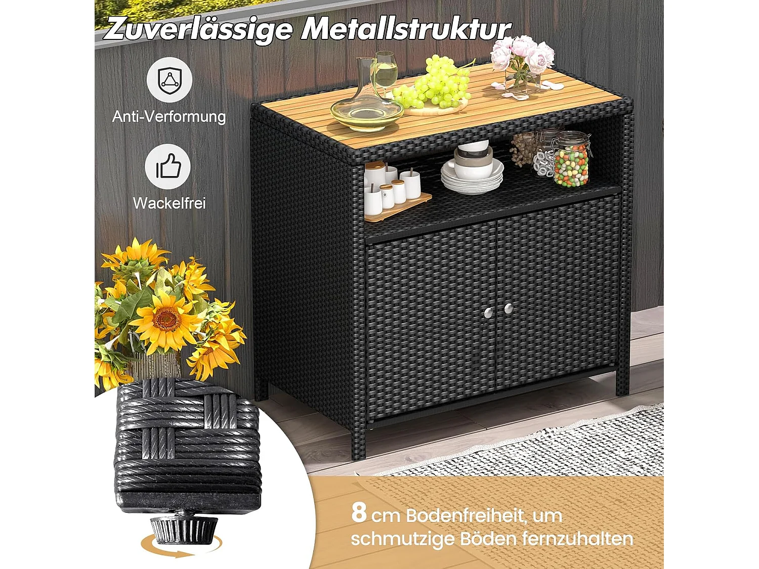 Tuinkast, rotan, buffetkast met acaciahout werkblad en open vak, 2-deurs rotankast, opbergkast voor buiten, zwembad en terras, 90 x 53 x 86 cm (bruin)