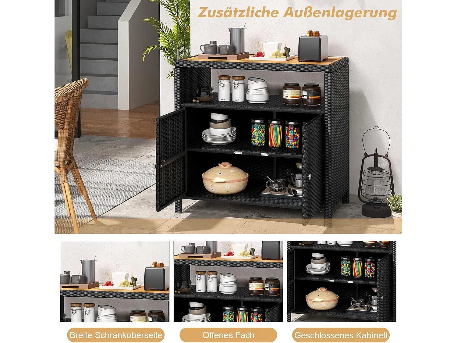 Tuinkast, rotan, buffetkast met acaciahout werkblad en open vak, 2-deurs rotankast, opbergkast voor buiten, zwembad en terras, 90 x 53 x 86 cm (bruin)