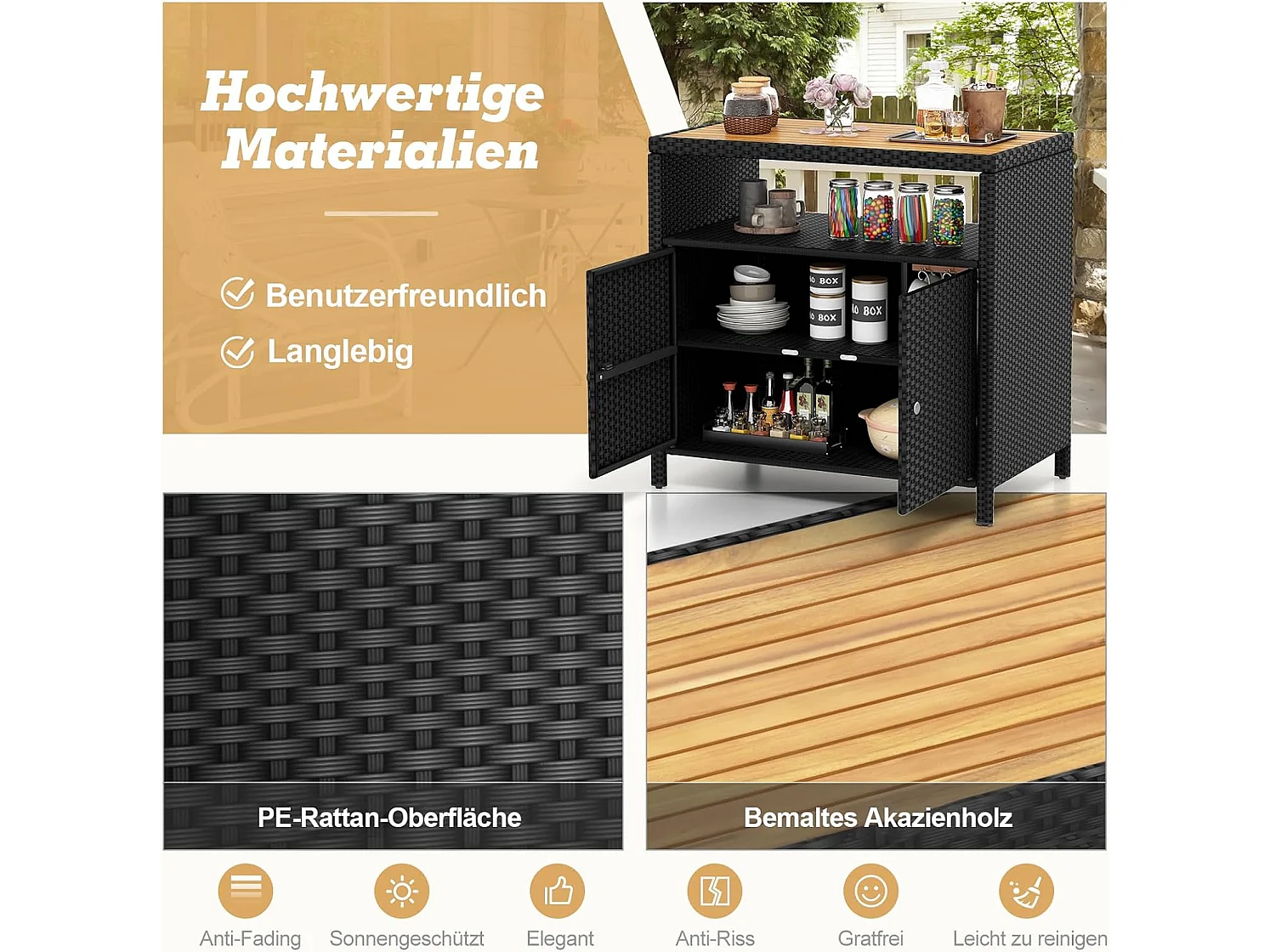 Tuinkast, rotan, buffetkast met acaciahout werkblad en open vak, 2-deurs rotankast, opbergkast voor buiten, zwembad en terras, 90 x 53 x 86 cm (bruin)