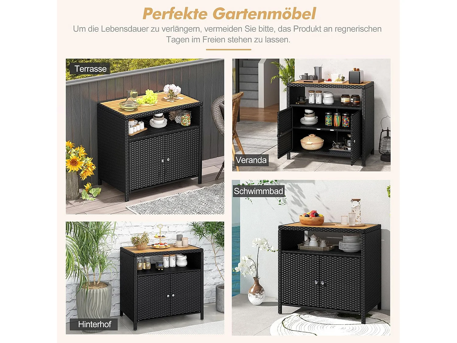 Tuinkast, rotan, buffetkast met acaciahout werkblad en open vak, 2-deurs rotankast, opbergkast voor buiten, zwembad en terras, 90 x 53 x 86 cm (bruin)