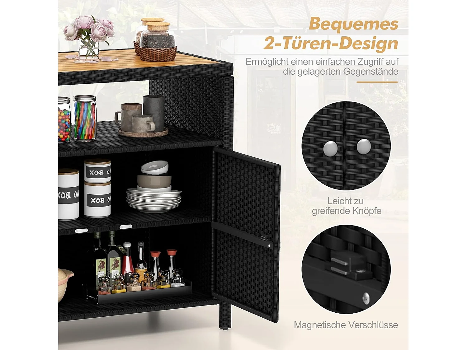 Tuinkast, rotan, buffetkast met acaciahout werkblad en open vak, 2-deurs rotankast, opbergkast voor buiten, zwembad en terras, 90 x 53 x 86 cm (bruin)