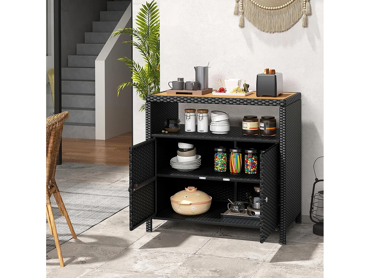 Tuinkast, rotan, buffetkast met acaciahout werkblad en open vak, 2-deurs rotankast, opbergkast voor buiten, zwembad en terras, 90 x 53 x 86 cm (bruin)