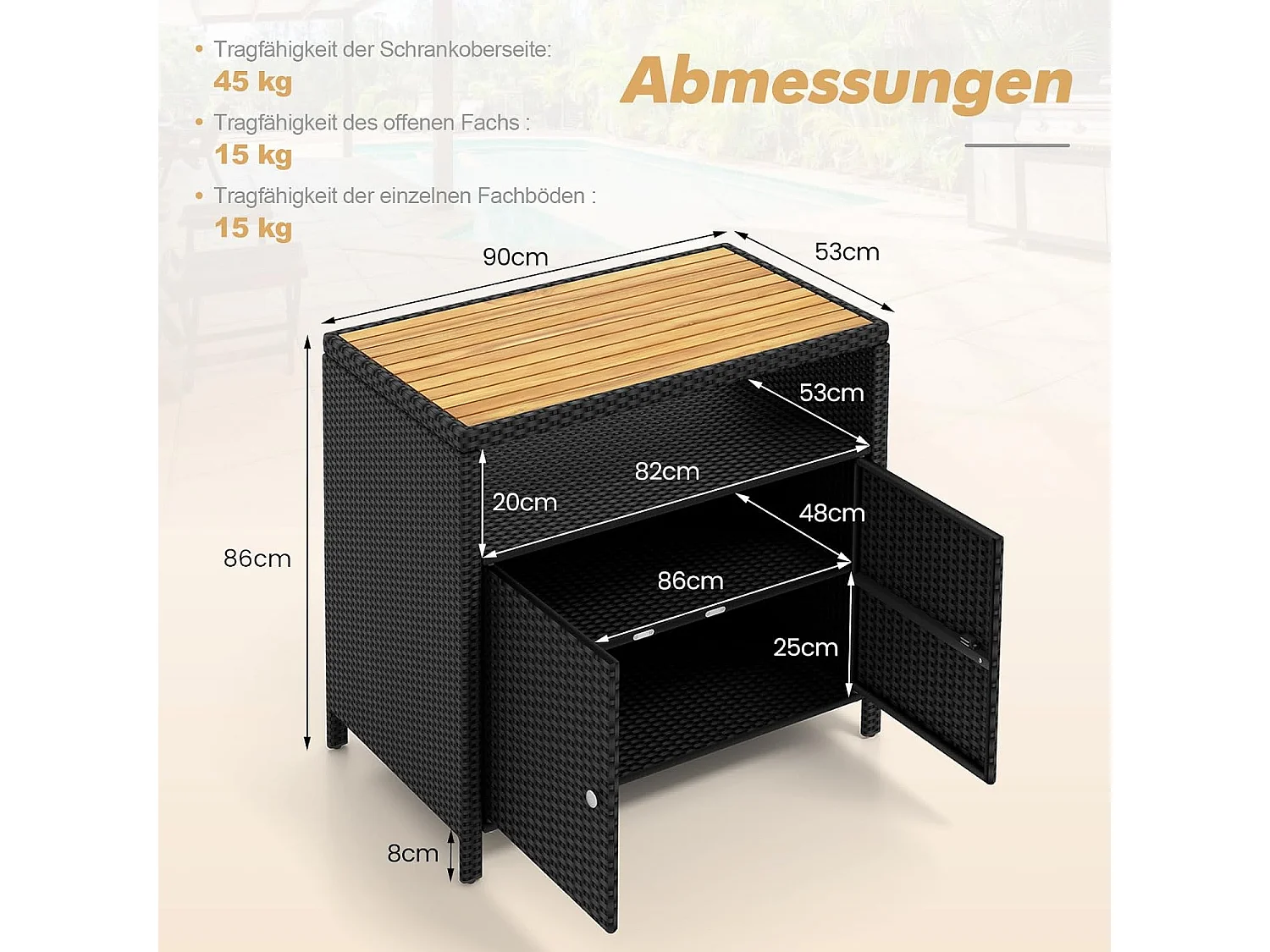 Tuinkast, rotan, buffetkast met acaciahout werkblad en open vak, 2-deurs rotankast, opbergkast voor buiten, zwembad en terras, 90 x 53 x 86 cm (bruin)