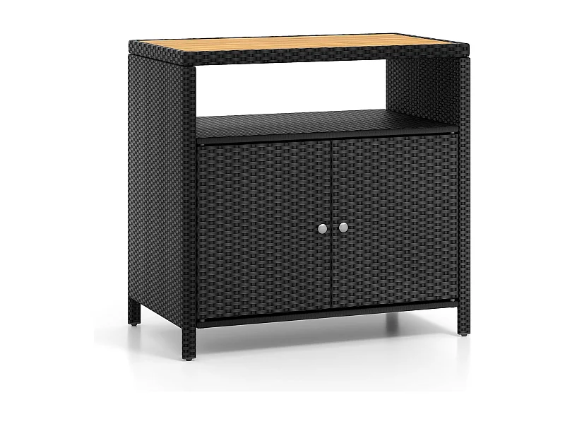 Tuinkast, rotan, buffetkast met acaciahout werkblad en open vak, 2-deurs rotankast, opbergkast voor buiten, zwembad en terras, 90 x 53 x 86 cm (bruin)