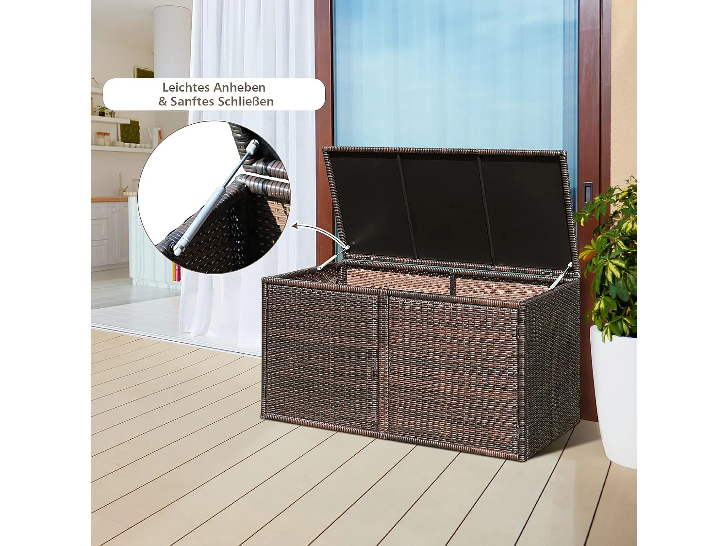 Opbergbox rotan, 333 liter,kussenbox met dubbele deuren, deksel en plank,tuinbox, kistbank, tuinbox, weerbestendig, voor terras,115/215 x 60 x 65 cm (bruin)TI93228