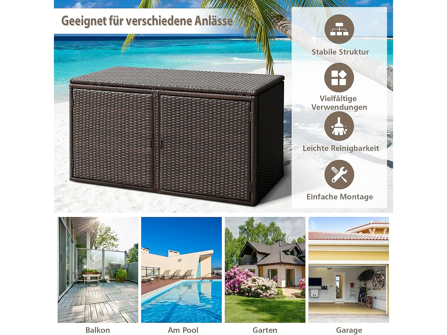 Opbergbox rotan, 333 liter,kussenbox met dubbele deuren, deksel en plank,tuinbox, kistbank, tuinbox, weerbestendig, voor terras,115/215 x 60 x 65 cm (bruin)TI93228
