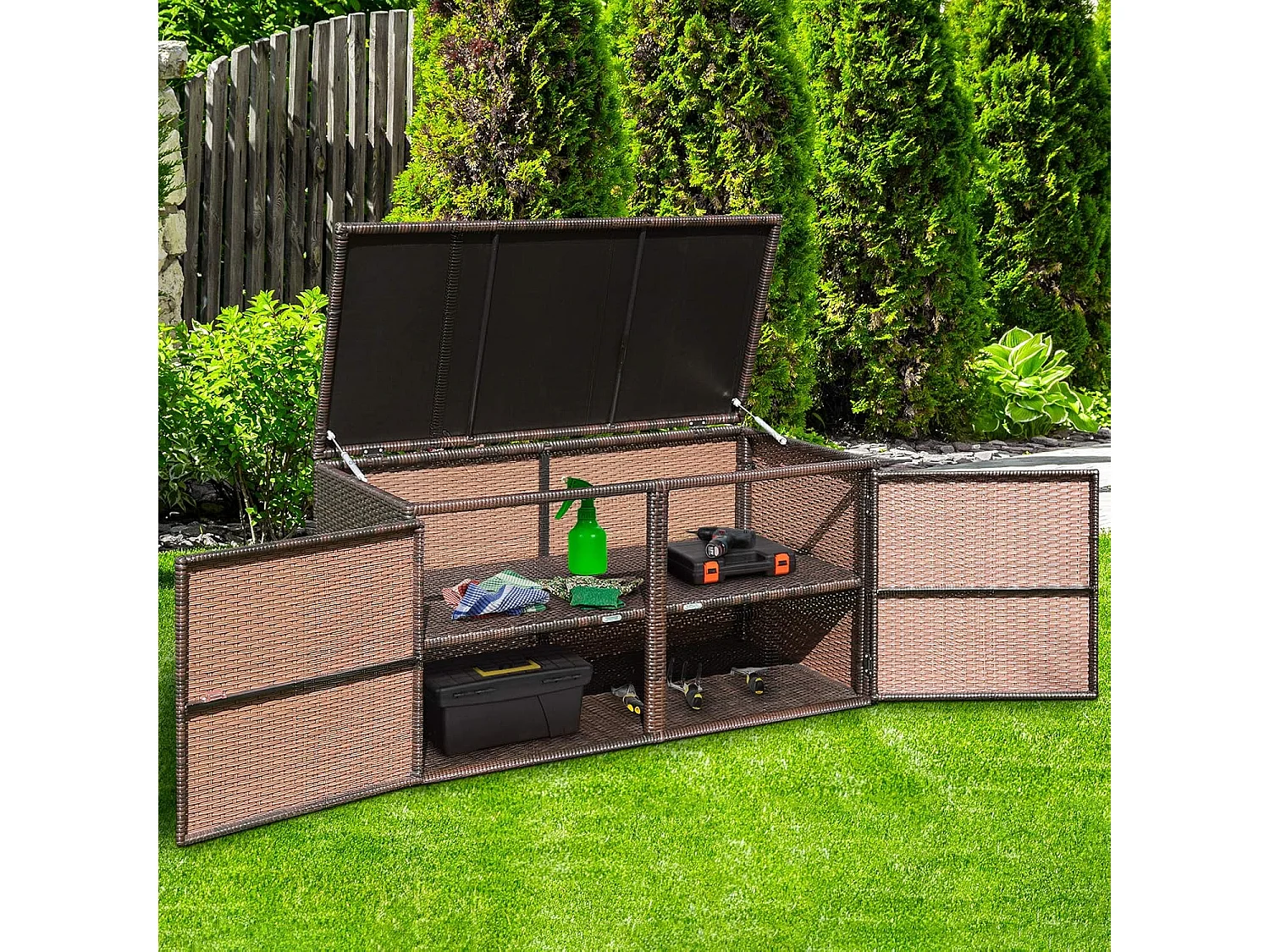 Opbergbox rotan, 333 liter,kussenbox met dubbele deuren, deksel en plank,tuinbox, kistbank, tuinbox, weerbestendig, voor terras,115/215 x 60 x 65 cm (bruin)TI93228