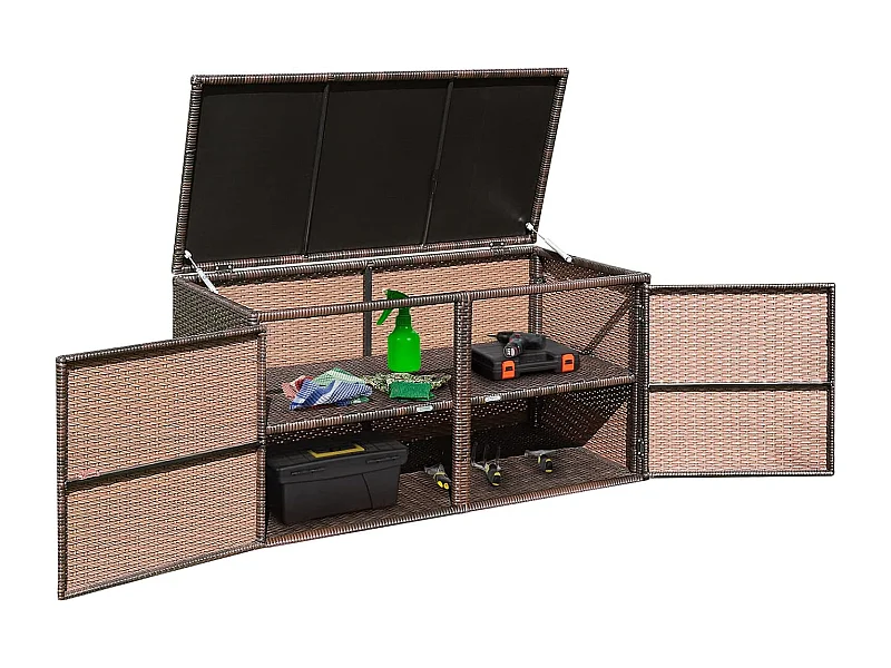 Opbergbox rotan, 333 liter,kussenbox met dubbele deuren, deksel en plank,tuinbox, kistbank, tuinbox, weerbestendig, voor terras,115/215 x 60 x 65 cm (bruin)TI93228