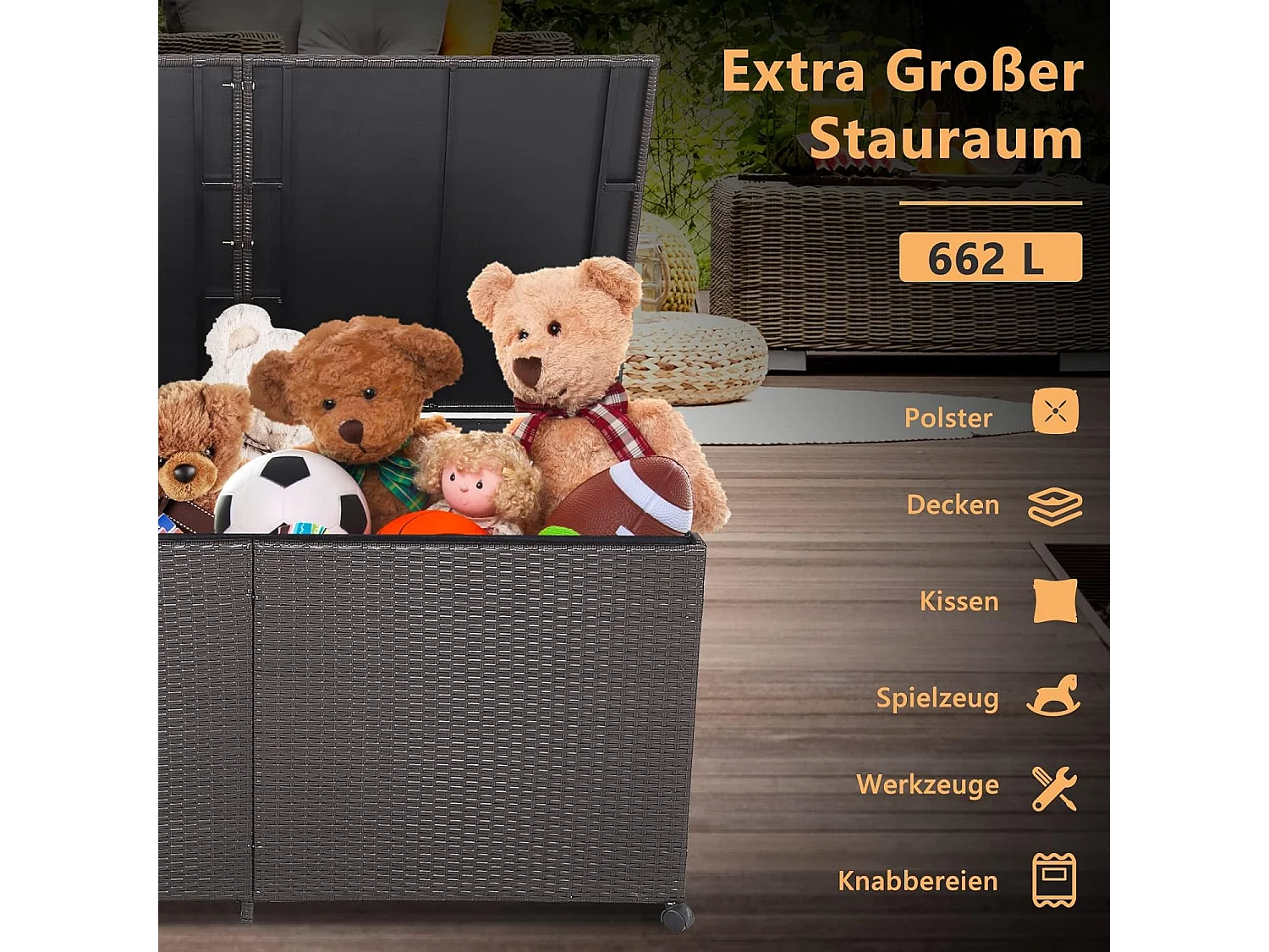 XXL tuinbox met 662 liter inhoud, opbergdoos van rotan met ritssluiting en 2 universele wielen, kussenbox, tuinkast, weerbestendig, voor tuin, achtertuin