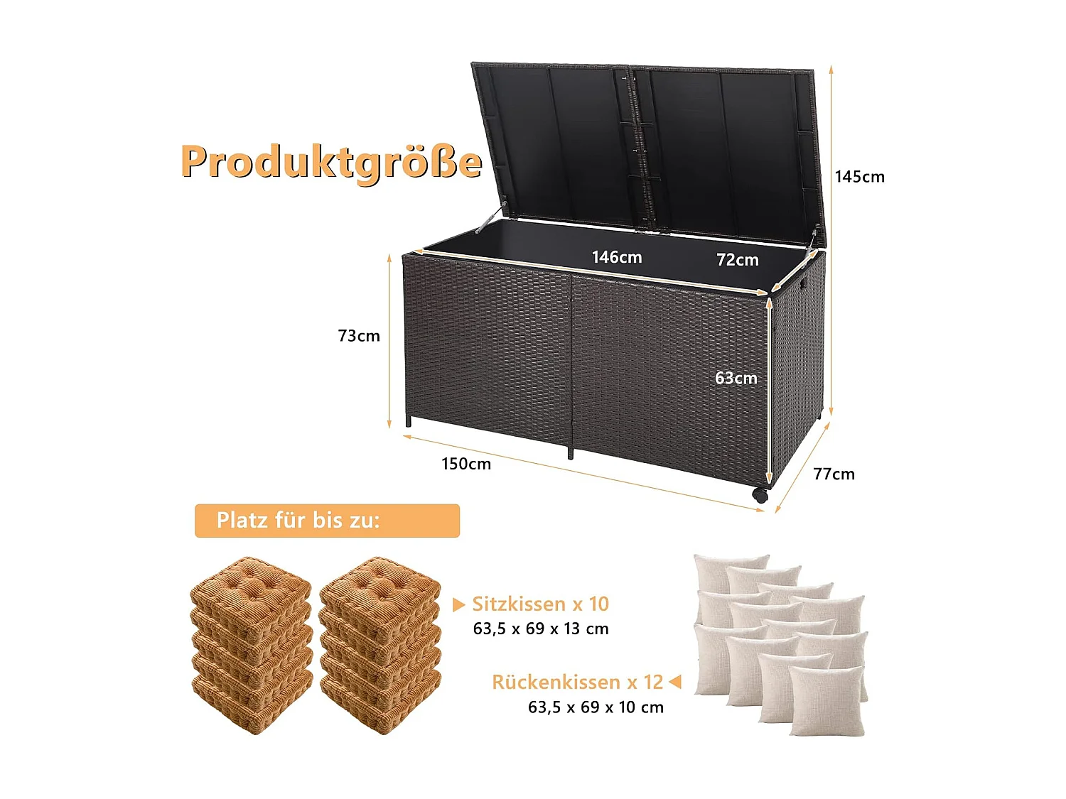 XXL tuinbox met 662 liter inhoud, opbergdoos van rotan met ritssluiting en 2 universele wielen, kussenbox, tuinkast, weerbestendig, voor tuin, achtertuin