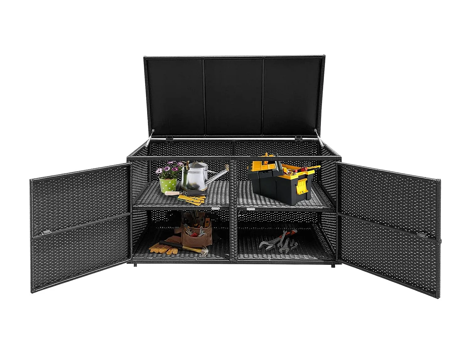 Opbergbox rotan, 333 liter, kussenbox met dubbele deuren, deksel en plank, kistbank, tuinbox, weerbestendig,tuin en balkon, 115/215 x 60 x 65 cm (zwart)TI93228