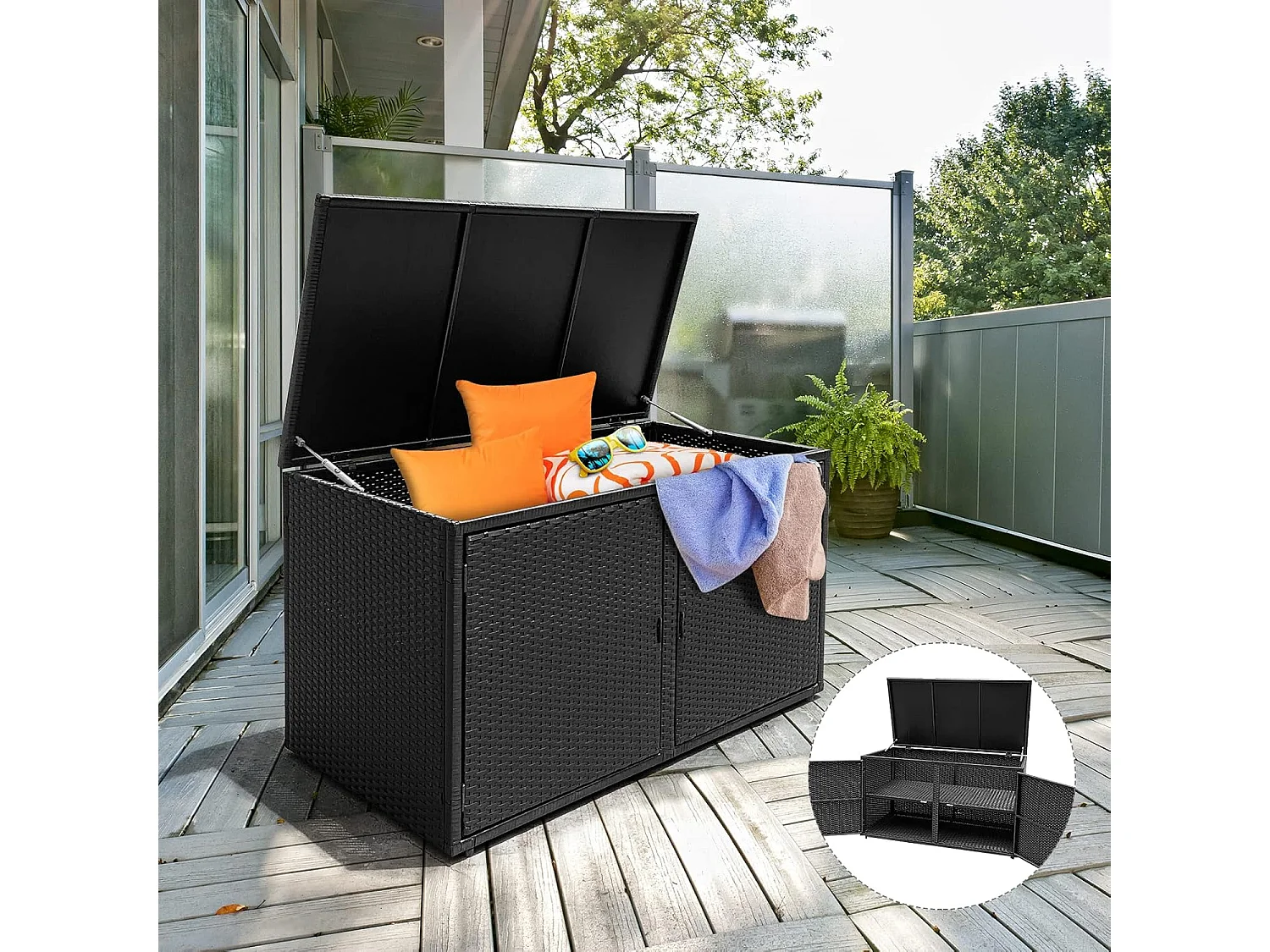 Opbergbox rotan, 333 liter, kussenbox met dubbele deuren, deksel en plank, kistbank, tuinbox, weerbestendig,tuin en balkon, 115/215 x 60 x 65 cm (zwart)TI93228