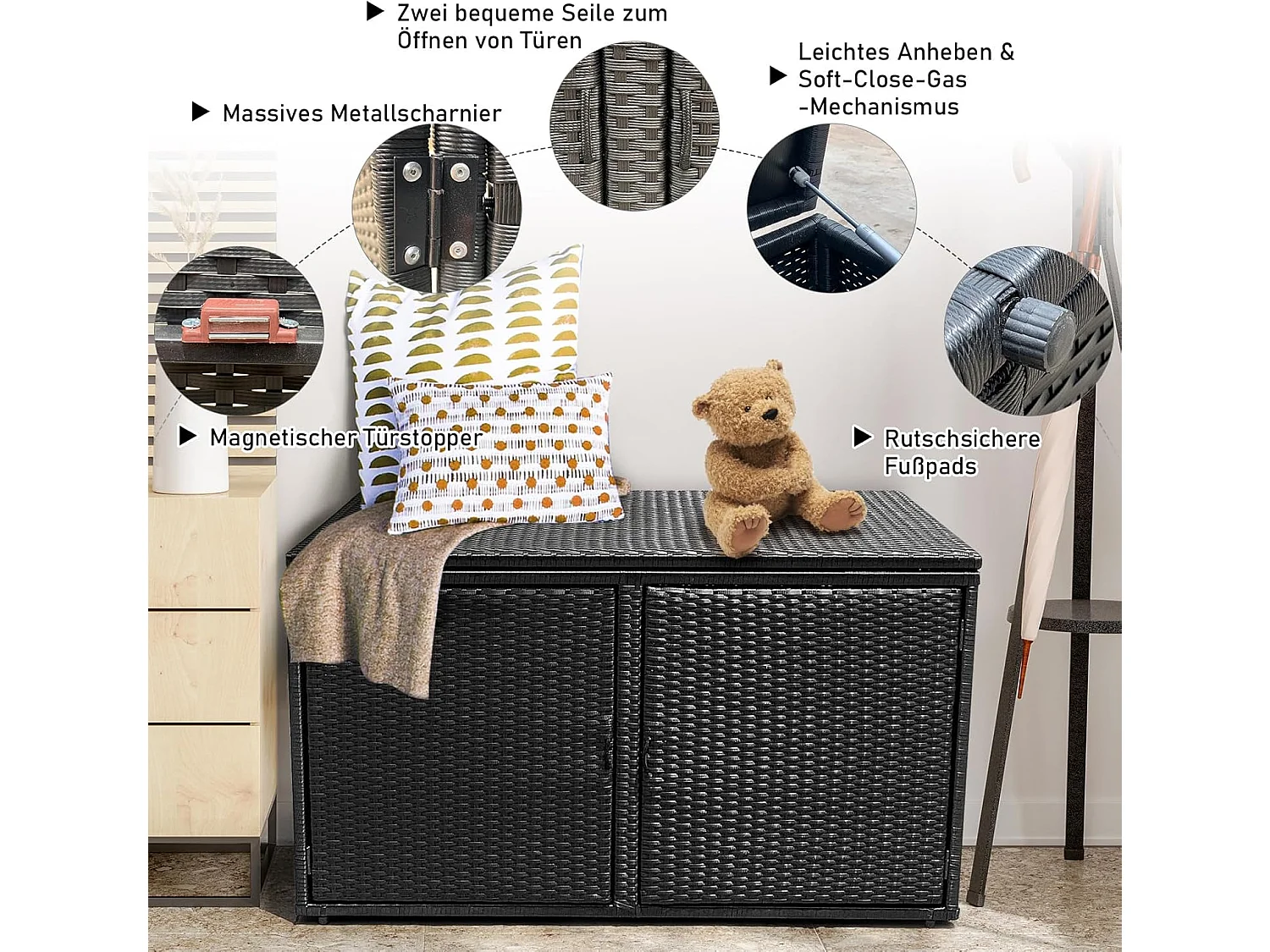 Opbergbox rotan, 333 liter, kussenbox met dubbele deuren, deksel en plank, kistbank, tuinbox, weerbestendig,tuin en balkon, 115/215 x 60 x 65 cm (zwart)TI93228