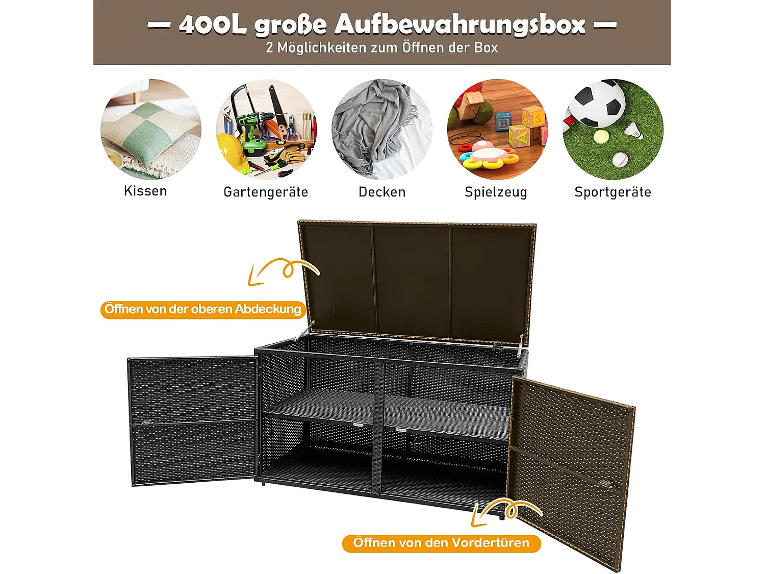 Opbergbox rotan, 333 liter, kussenbox met dubbele deuren, deksel en plank, kistbank, tuinbox, weerbestendig,tuin en balkon, 115/215 x 60 x 65 cm (zwart)TI93228