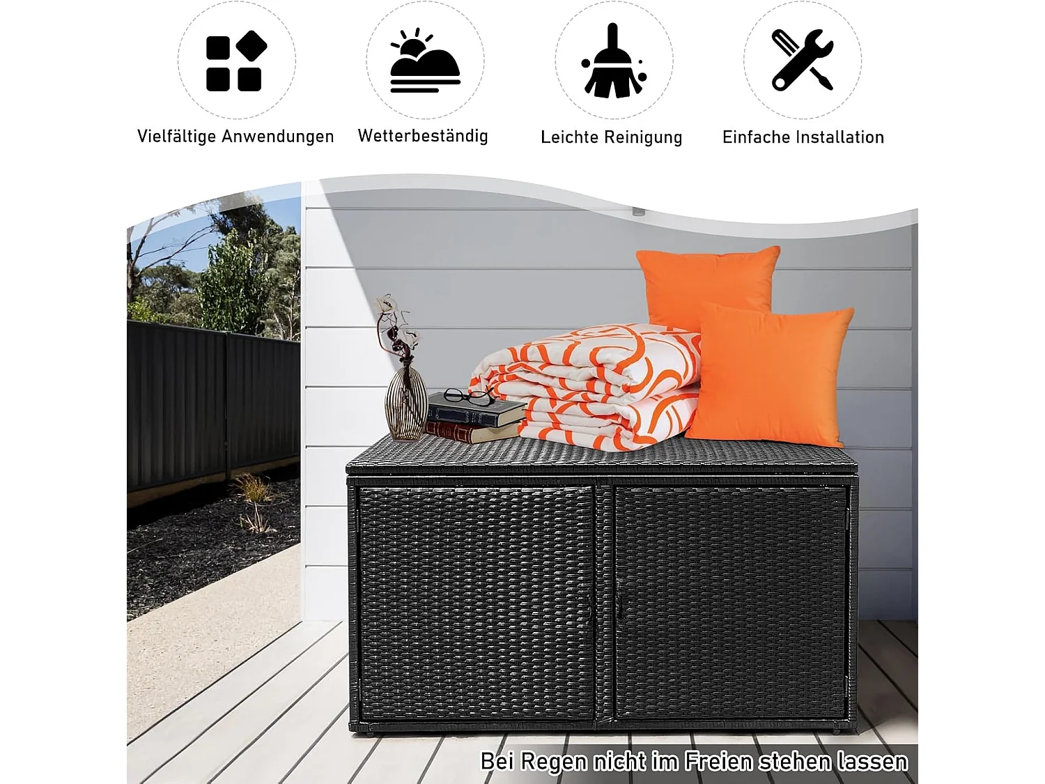 Opbergbox rotan, 333 liter, kussenbox met dubbele deuren, deksel en plank, kistbank, tuinbox, weerbestendig,tuin en balkon, 115/215 x 60 x 65 cm (zwart)TI93228