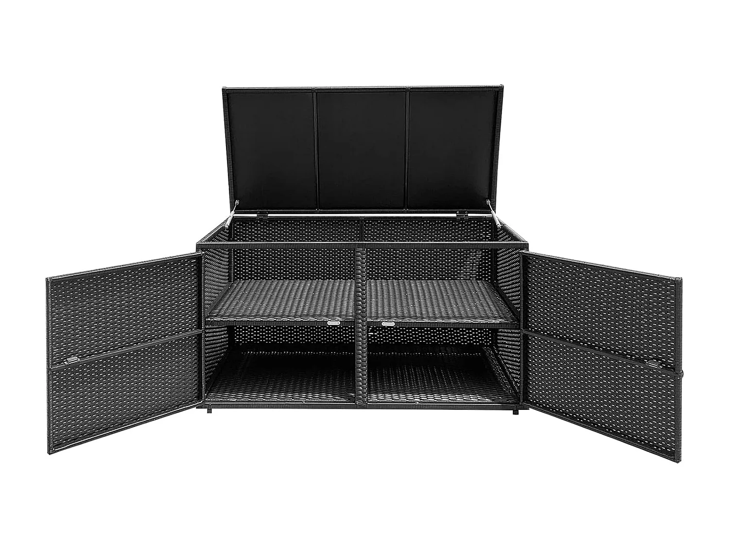 Opbergbox rotan, 333 liter, kussenbox met dubbele deuren, deksel en plank, kistbank, tuinbox, weerbestendig,tuin en balkon, 115/215 x 60 x 65 cm (zwart)TI93228