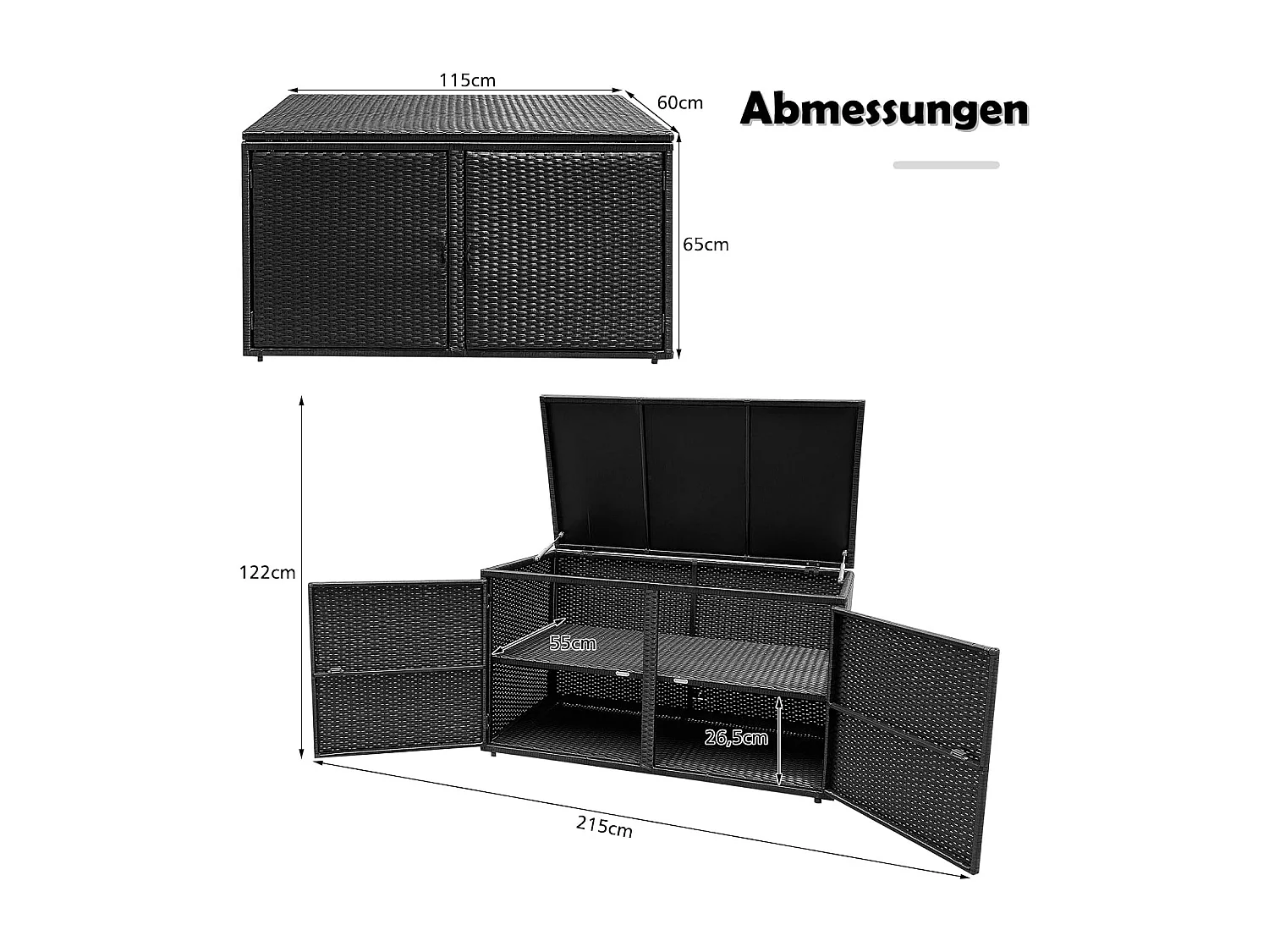 Opbergbox rotan, 333 liter, kussenbox met dubbele deuren, deksel en plank, kistbank, tuinbox, weerbestendig,tuin en balkon, 115/215 x 60 x 65 cm (zwart)TI93228