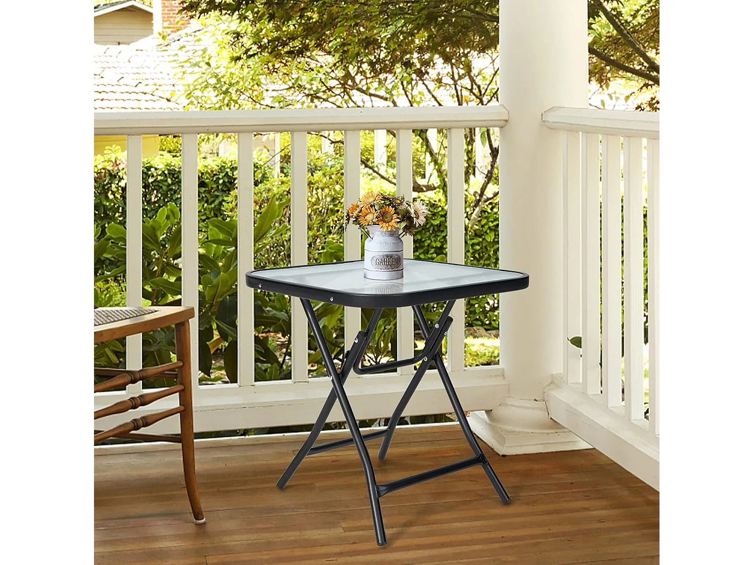Bijzettafel inklapbaar, kleine klaptafel, weerbestendige tuintafel, vierkante balkontafel met tafelblad van gehard glas voor balkon, tuin, terras, 46,5x46,5x42 cm