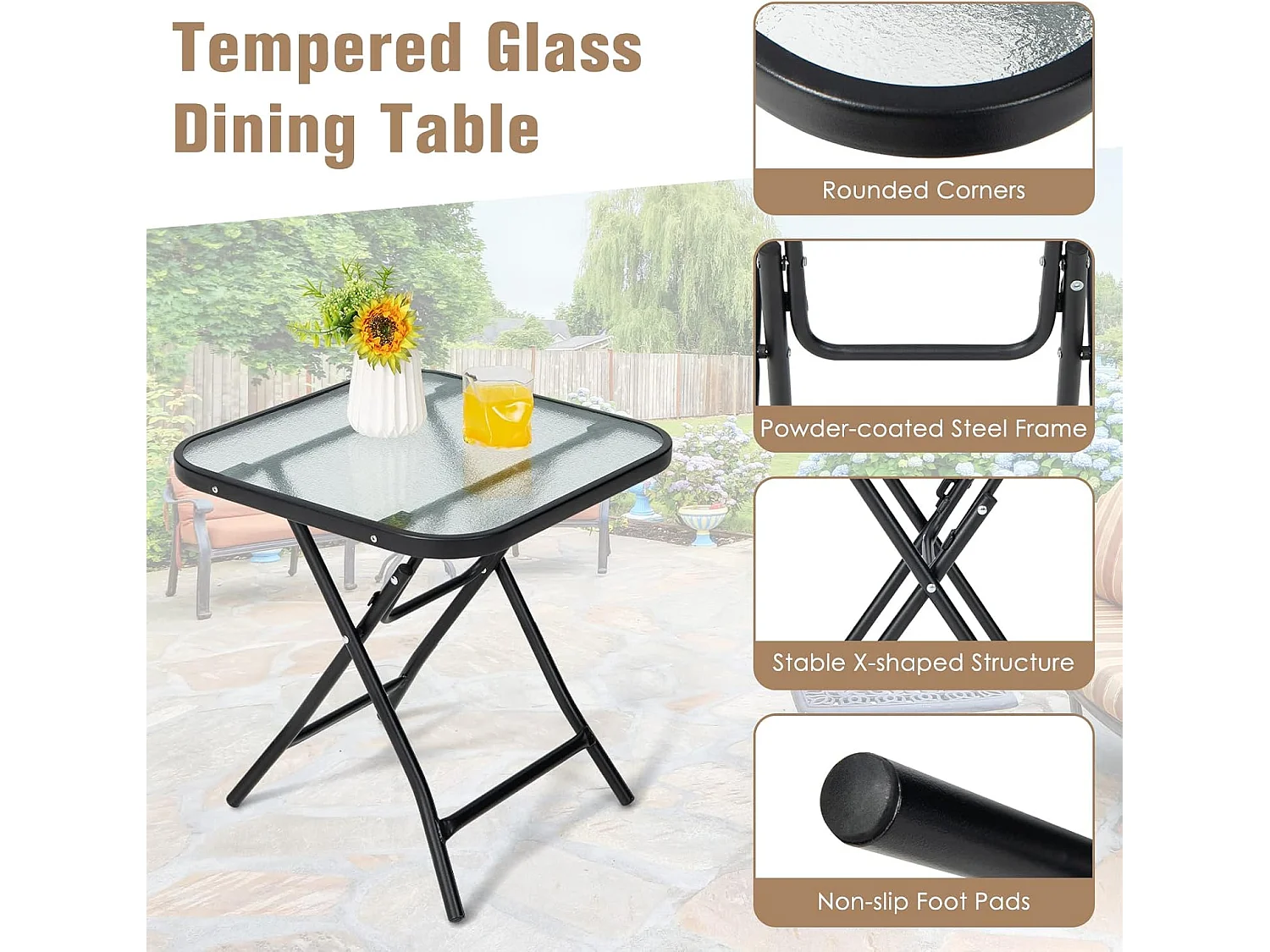 Bijzettafel inklapbaar, kleine klaptafel, weerbestendige tuintafel, vierkante balkontafel met tafelblad van gehard glas voor balkon, tuin, terras, 46,5x46,5x42 cm
