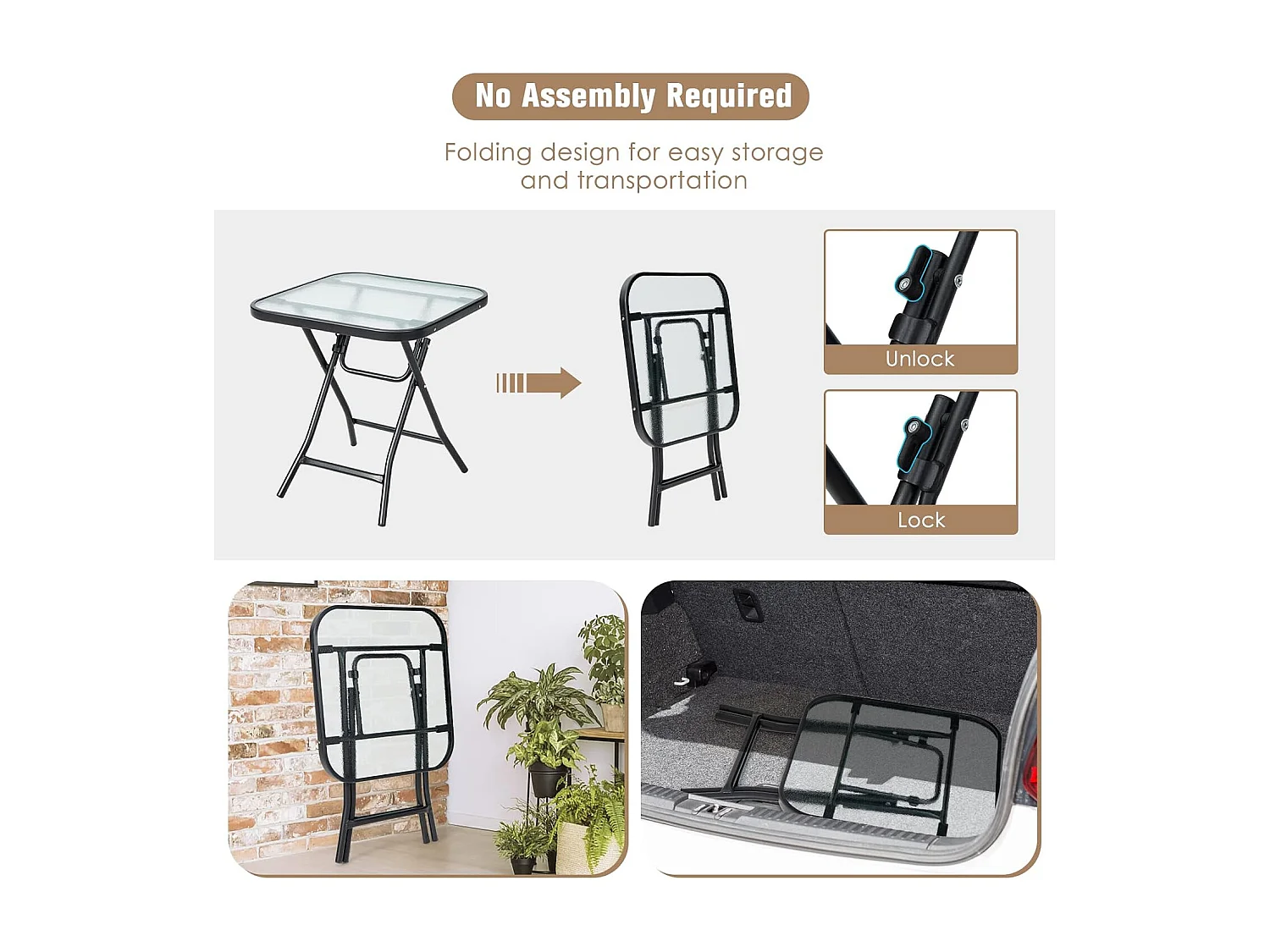 Bijzettafel inklapbaar, kleine klaptafel, weerbestendige tuintafel, vierkante balkontafel met tafelblad van gehard glas voor balkon, tuin, terras, 46,5x46,5x42 cm