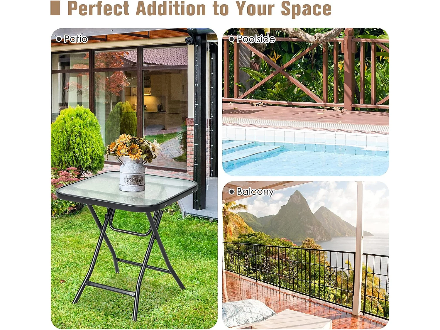 Bijzettafel inklapbaar, kleine klaptafel, weerbestendige tuintafel, vierkante balkontafel met tafelblad van gehard glas voor balkon, tuin, terras, 46,5x46,5x42 cm