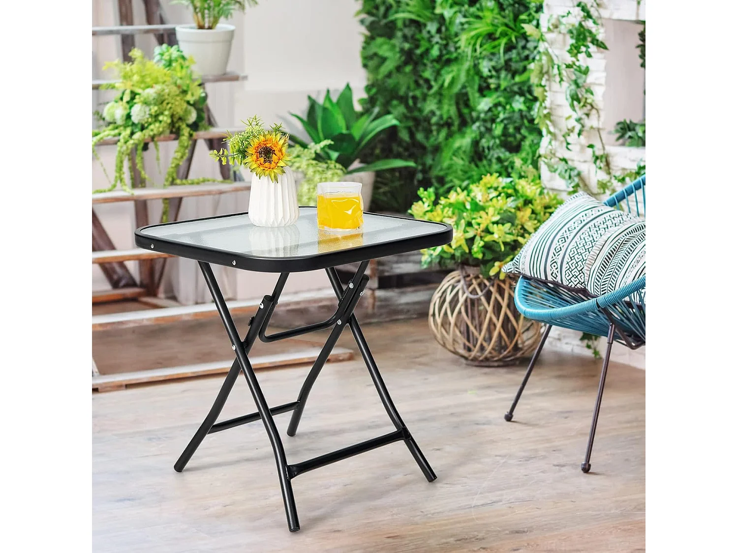Bijzettafel inklapbaar, kleine klaptafel, weerbestendige tuintafel, vierkante balkontafel met tafelblad van gehard glas voor balkon, tuin, terras, 46,5x46,5x42 cm