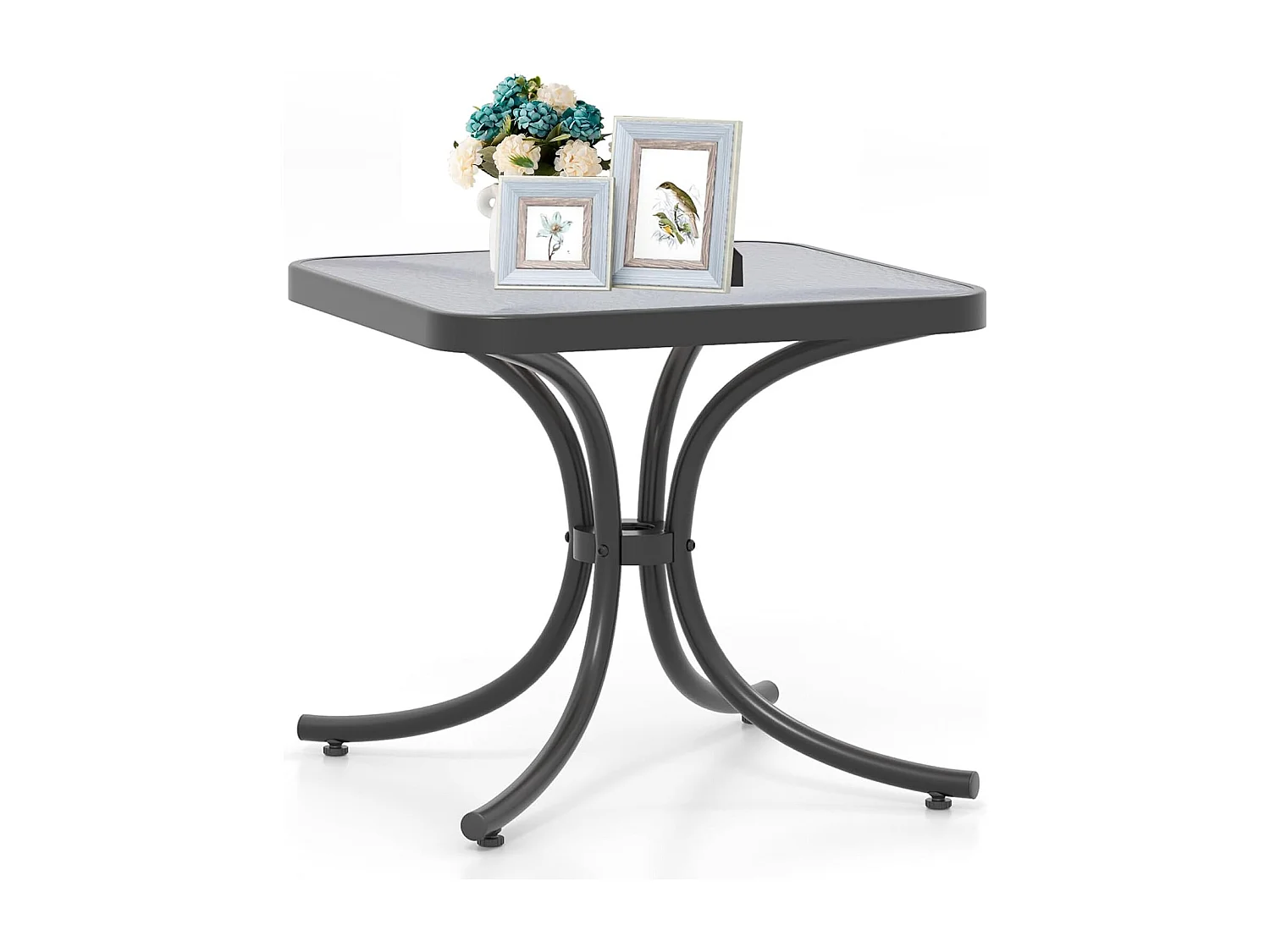Bijzettafel, kleine tuintafel, weerbestendige balkontafel, vierkante koffietafel met tafelblad van gehard glas, voor balkon, tuin, terras, 50 x 50 x 45 cm ZB33762