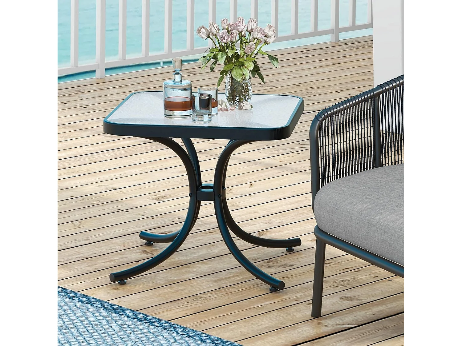 Bijzettafel, kleine tuintafel, weerbestendige balkontafel, vierkante koffietafel met tafelblad van gehard glas, voor balkon, tuin, terras, 50 x 50 x 45 cm ZB33762