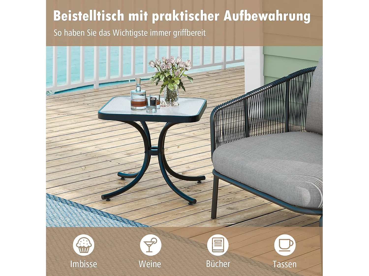 Bijzettafel, kleine tuintafel, weerbestendige balkontafel, vierkante koffietafel met tafelblad van gehard glas, voor balkon, tuin, terras, 50 x 50 x 45 cm ZB33762