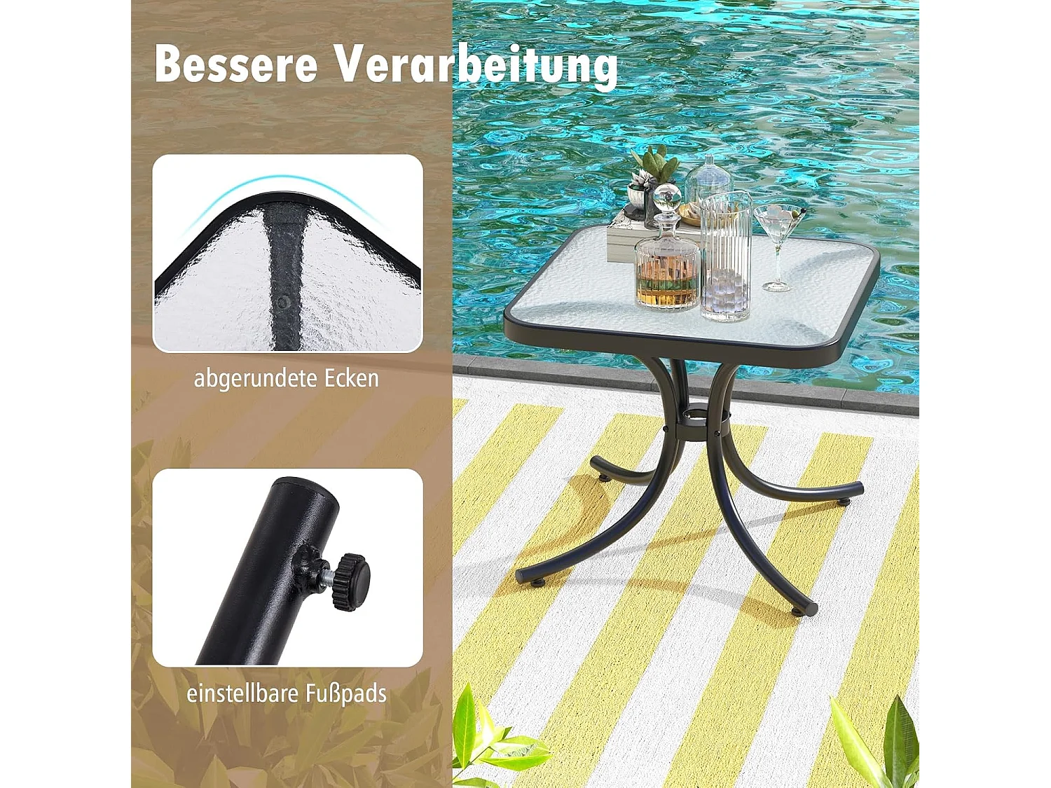 Bijzettafel, kleine tuintafel, weerbestendige balkontafel, vierkante koffietafel met tafelblad van gehard glas, voor balkon, tuin, terras, 50 x 50 x 45 cm ZB33762