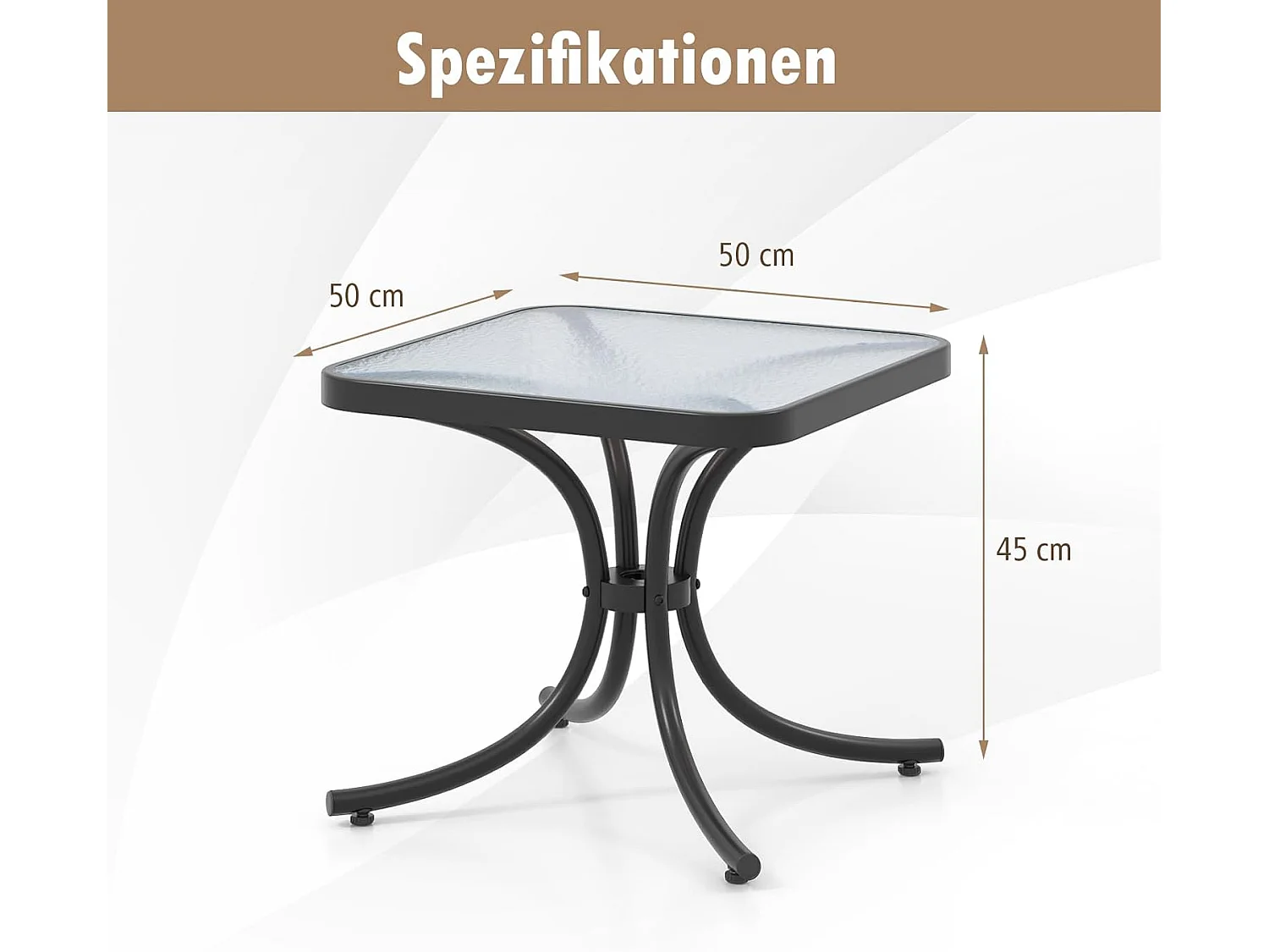 Bijzettafel, kleine tuintafel, weerbestendige balkontafel, vierkante koffietafel met tafelblad van gehard glas, voor balkon, tuin, terras, 50 x 50 x 45 cm ZB33762