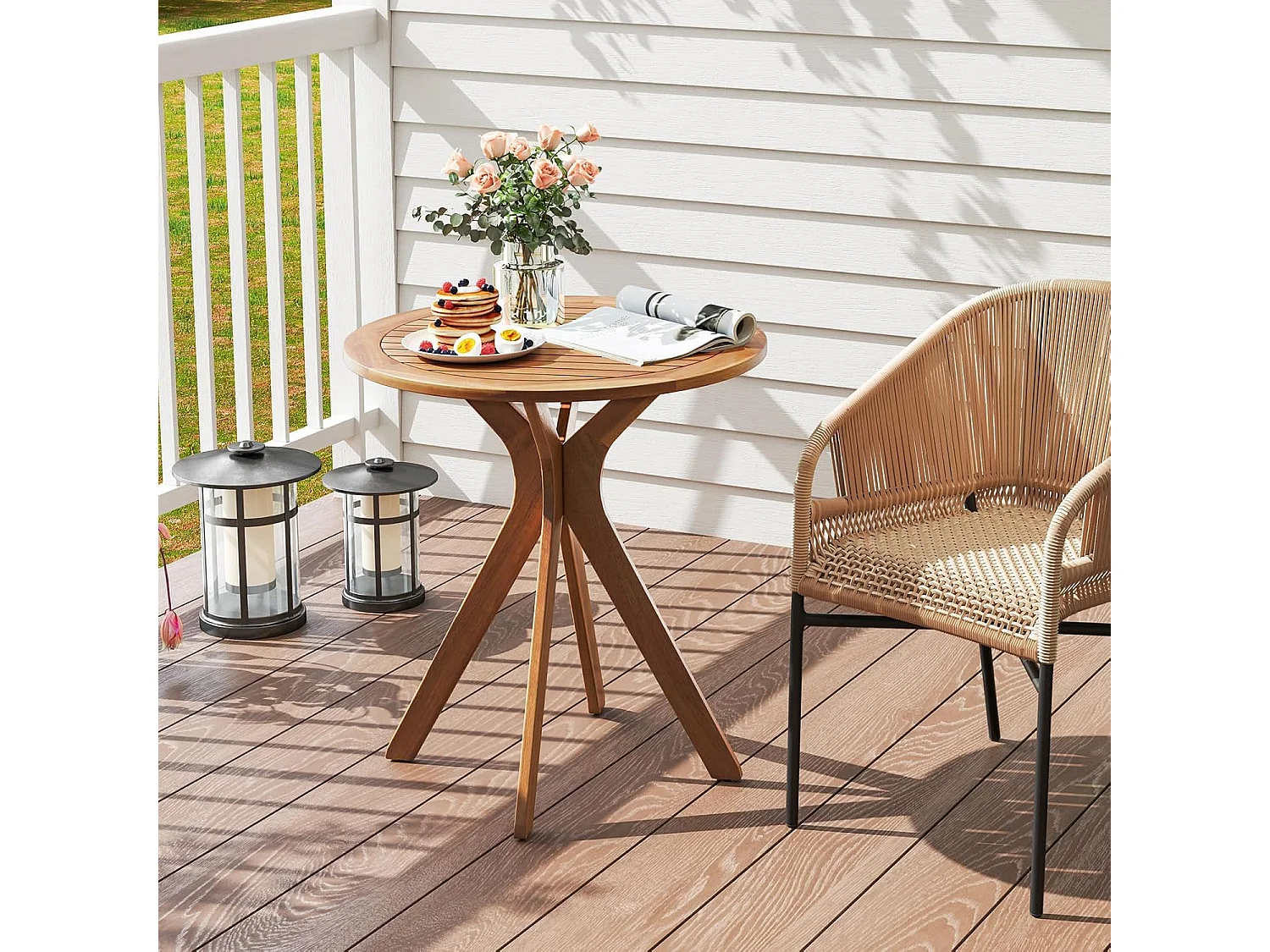 Tuintafel, weerbestendig, ronde houten tafel, bijzettafel van eucalyptushout, balkontafel, bistrotafel voor tuin, balkon, terras, 70 x 70 x 76 cm