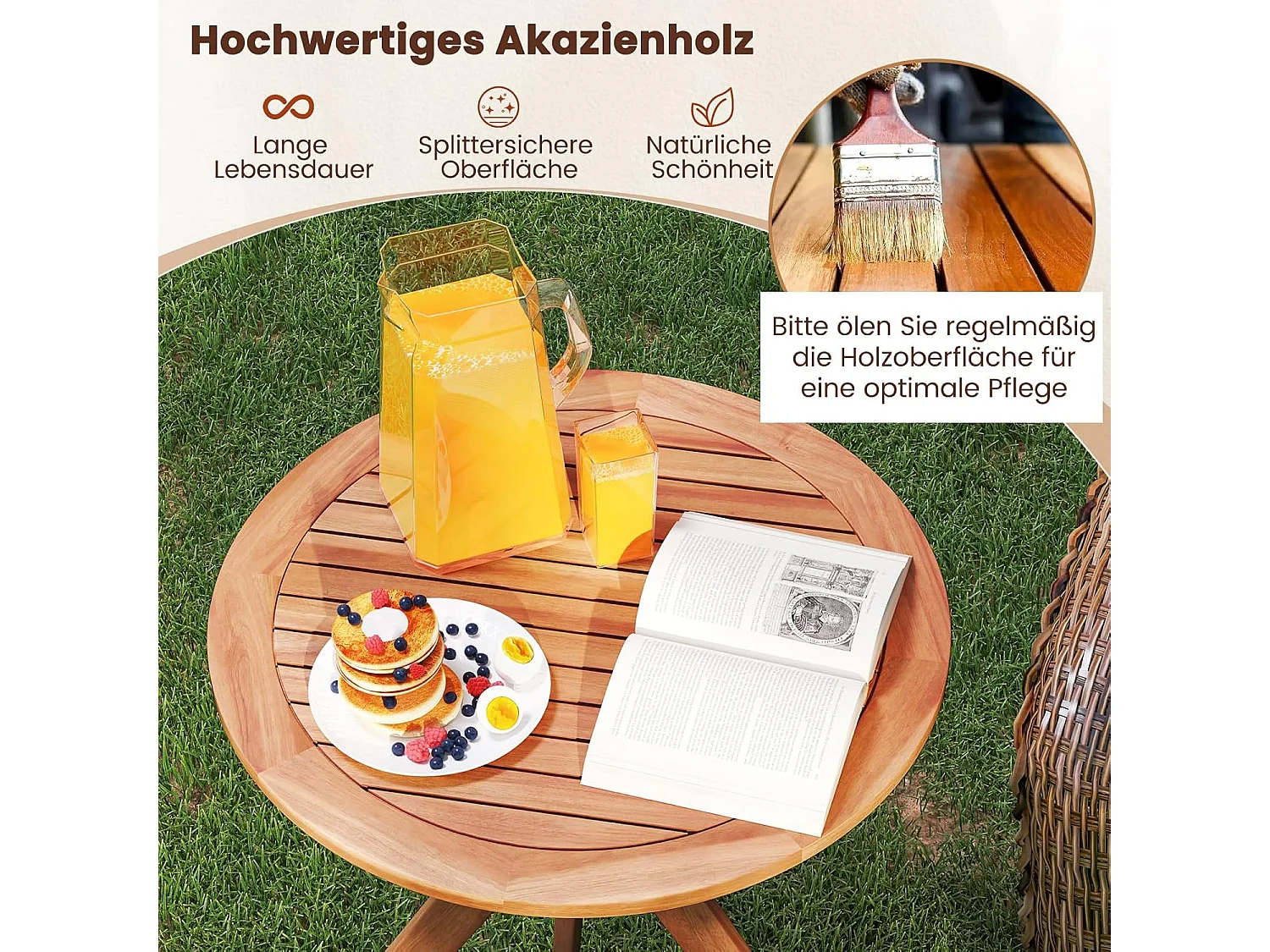 Tuintafel, weerbestendig, ronde houten tafel, bijzettafel van eucalyptushout, balkontafel, bistrotafel voor tuin, balkon, terras, 70 x 70 x 76 cm