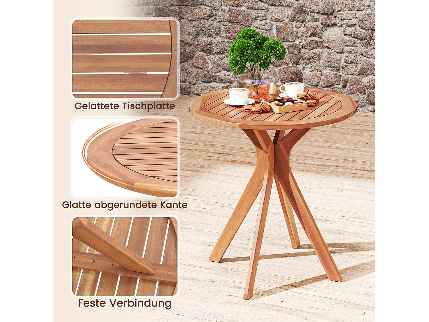 Tuintafel, weerbestendig, ronde houten tafel, bijzettafel van eucalyptushout, balkontafel, bistrotafel voor tuin, balkon, terras, 70 x 70 x 76 cm