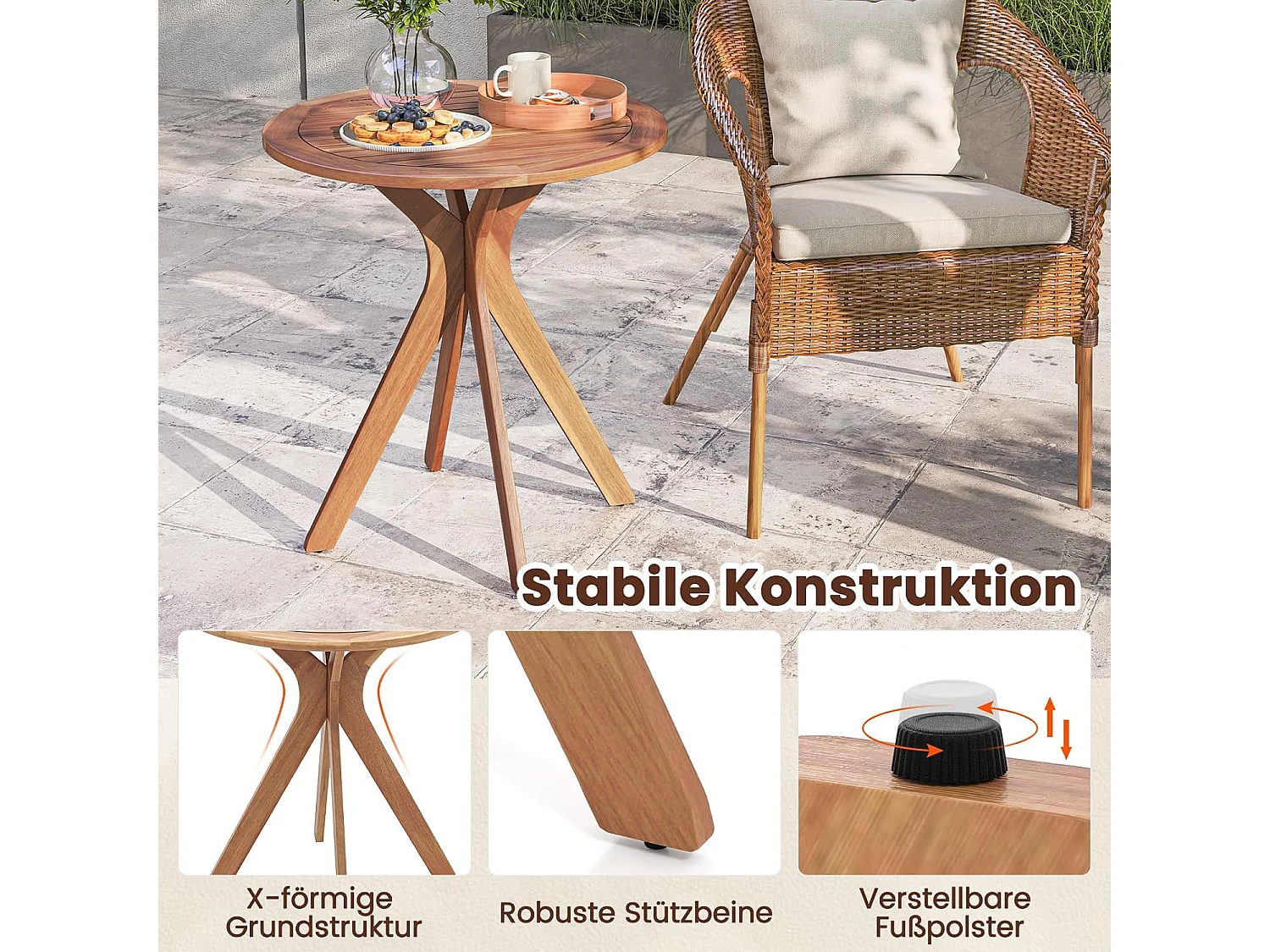 Tuintafel, weerbestendig, ronde houten tafel, bijzettafel van eucalyptushout, balkontafel, bistrotafel voor tuin, balkon, terras, 70 x 70 x 76 cm