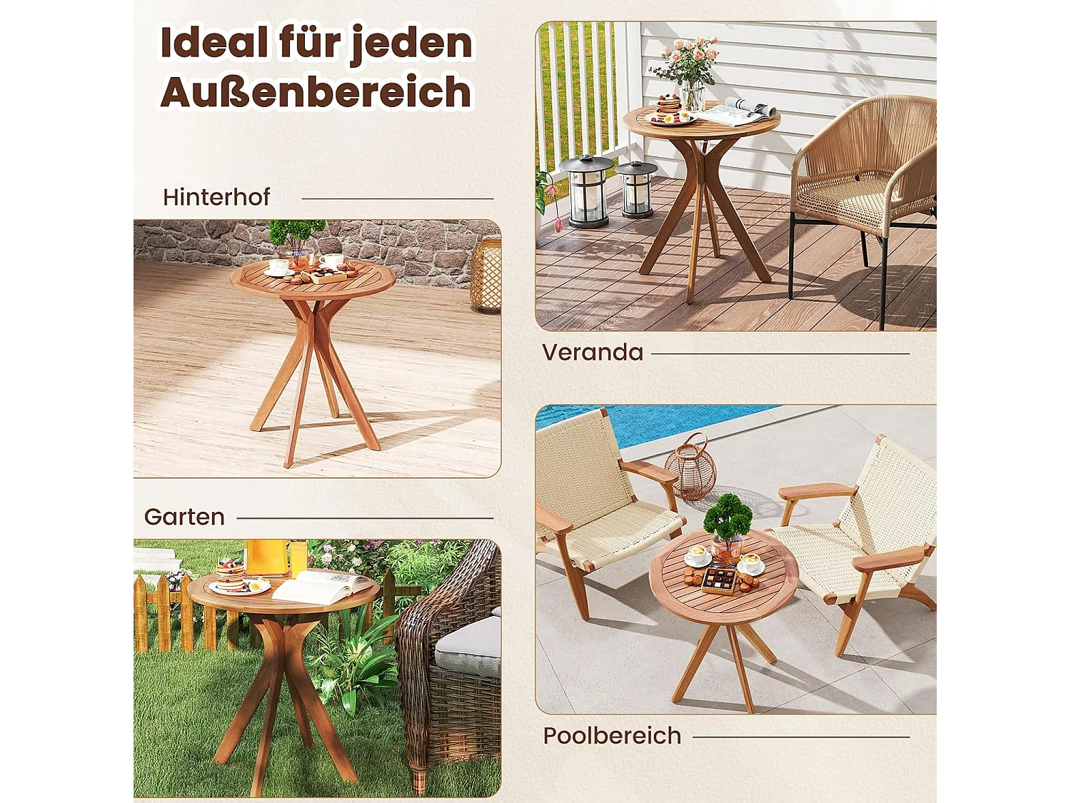 Tuintafel, weerbestendig, ronde houten tafel, bijzettafel van eucalyptushout, balkontafel, bistrotafel voor tuin, balkon, terras, 70 x 70 x 76 cm