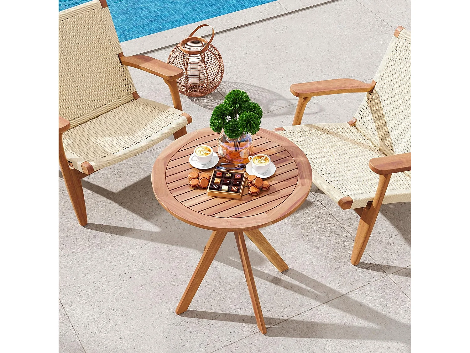 Tuintafel, weerbestendig, ronde houten tafel, bijzettafel van eucalyptushout, balkontafel, bistrotafel voor tuin, balkon, terras, 70 x 70 x 76 cm