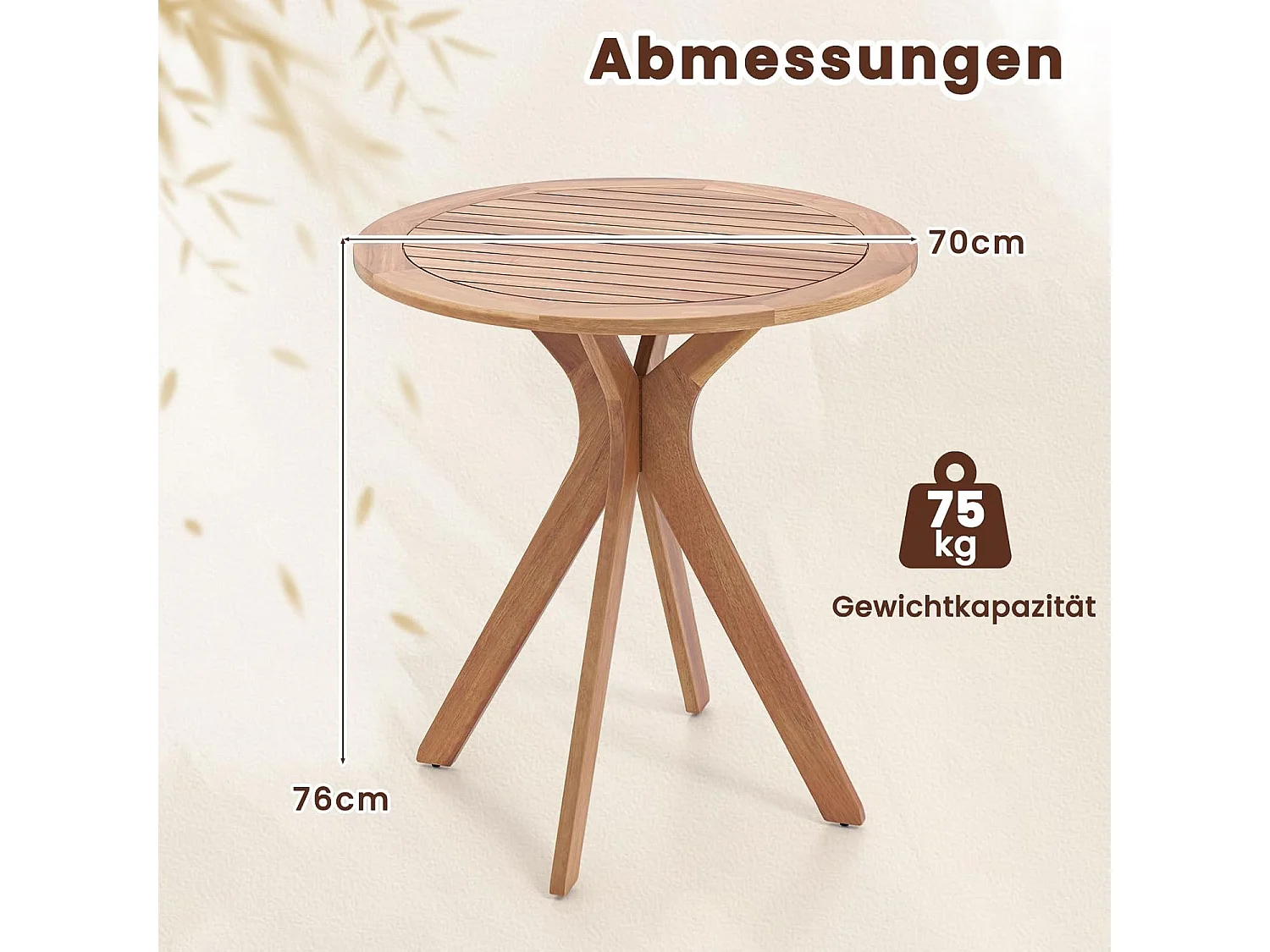 Tuintafel, weerbestendig, ronde houten tafel, bijzettafel van eucalyptushout, balkontafel, bistrotafel voor tuin, balkon, terras, 70 x 70 x 76 cm