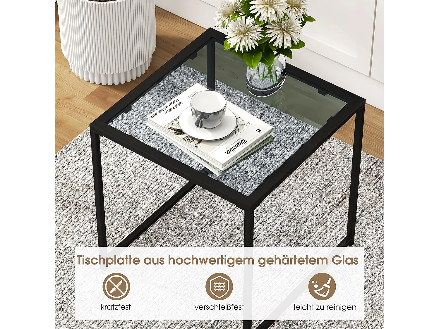 Bijzettafel, kleine tuintafel, balkontafel met tafelblad van gehard glas, koffietafel voor woonkamer, tuin, balkon, terras, 43 x 43 x 45 cm