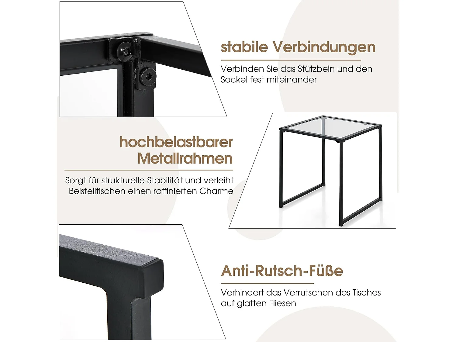 Bijzettafel, kleine tuintafel, balkontafel met tafelblad van gehard glas, koffietafel voor woonkamer, tuin, balkon, terras, 43 x 43 x 45 cm