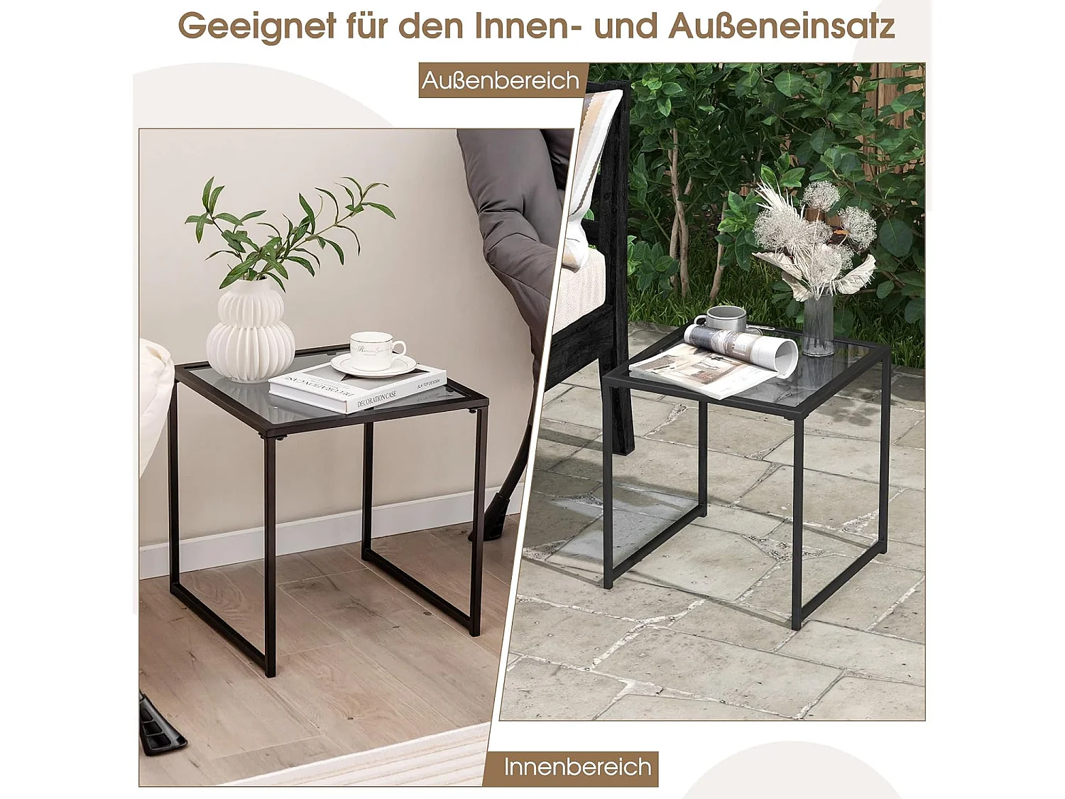 Bijzettafel, kleine tuintafel, balkontafel met tafelblad van gehard glas, koffietafel voor woonkamer, tuin, balkon, terras, 43 x 43 x 45 cm