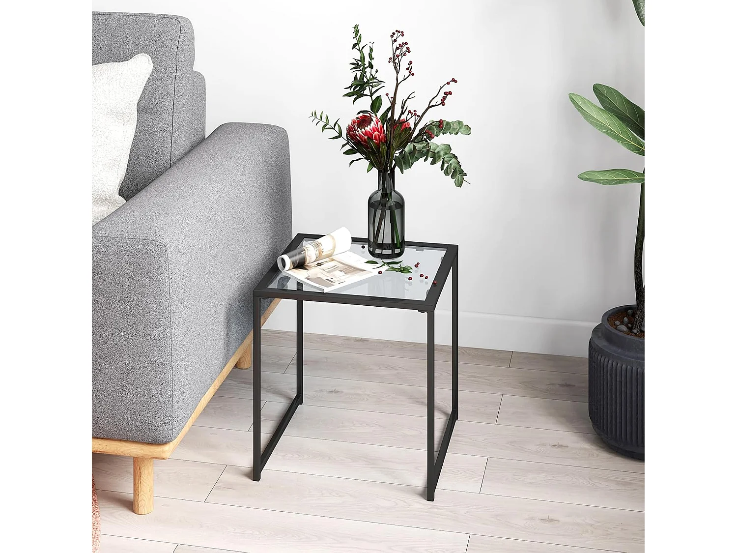 Bijzettafel, kleine tuintafel, balkontafel met tafelblad van gehard glas, koffietafel voor woonkamer, tuin, balkon, terras, 43 x 43 x 45 cm