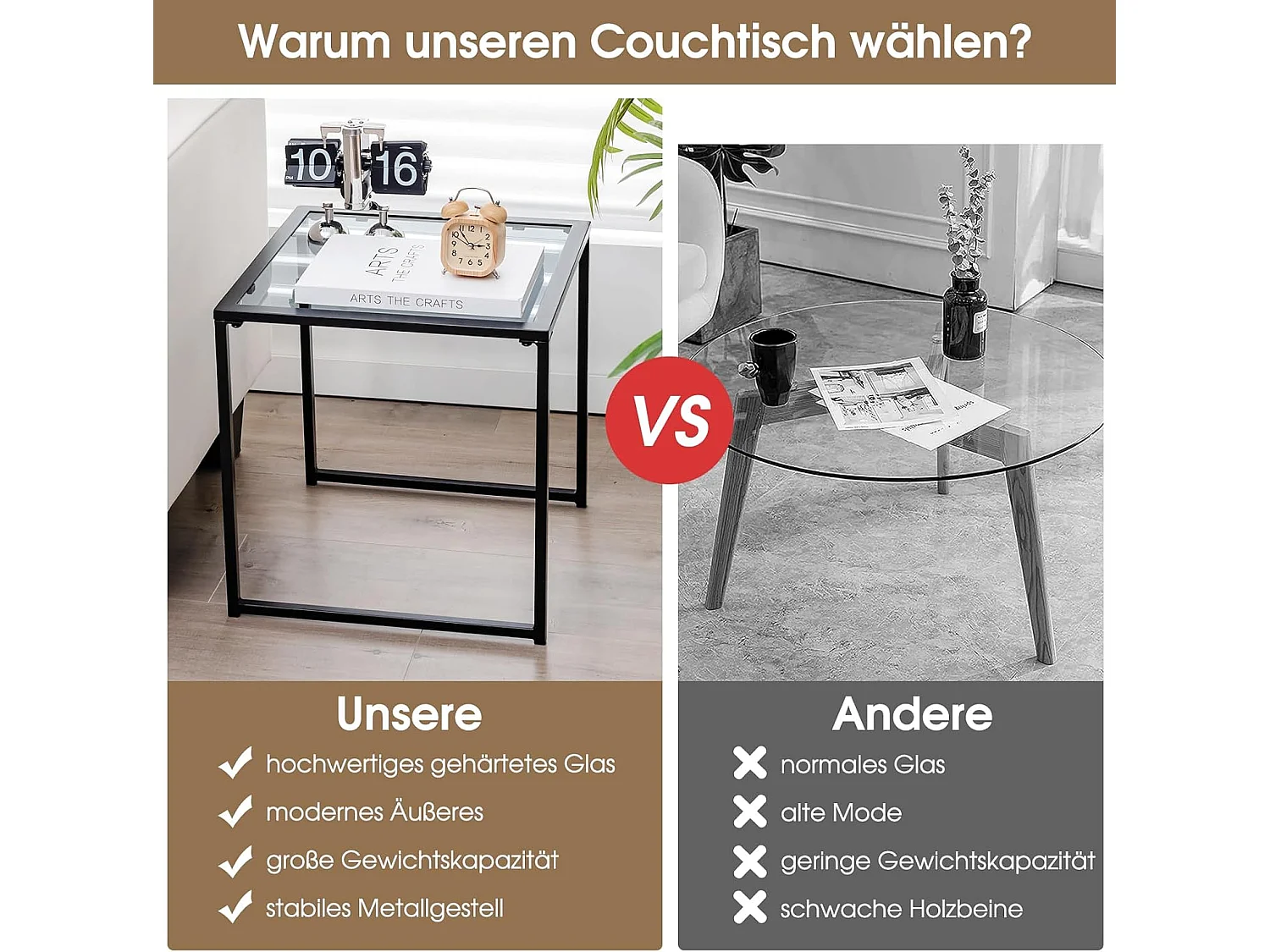 Bijzettafel, kleine tuintafel, balkontafel met tafelblad van gehard glas, koffietafel voor woonkamer, tuin, balkon, terras, 43 x 43 x 45 cm