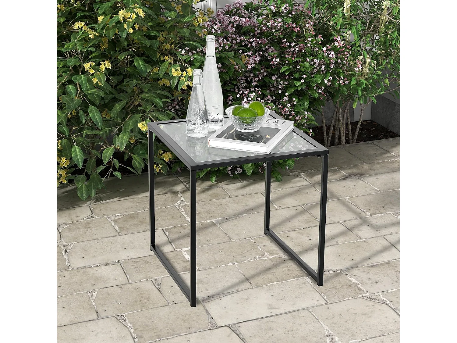 Bijzettafel, kleine tuintafel, balkontafel met tafelblad van gehard glas, koffietafel voor woonkamer, tuin, balkon, terras, 43 x 43 x 45 cm