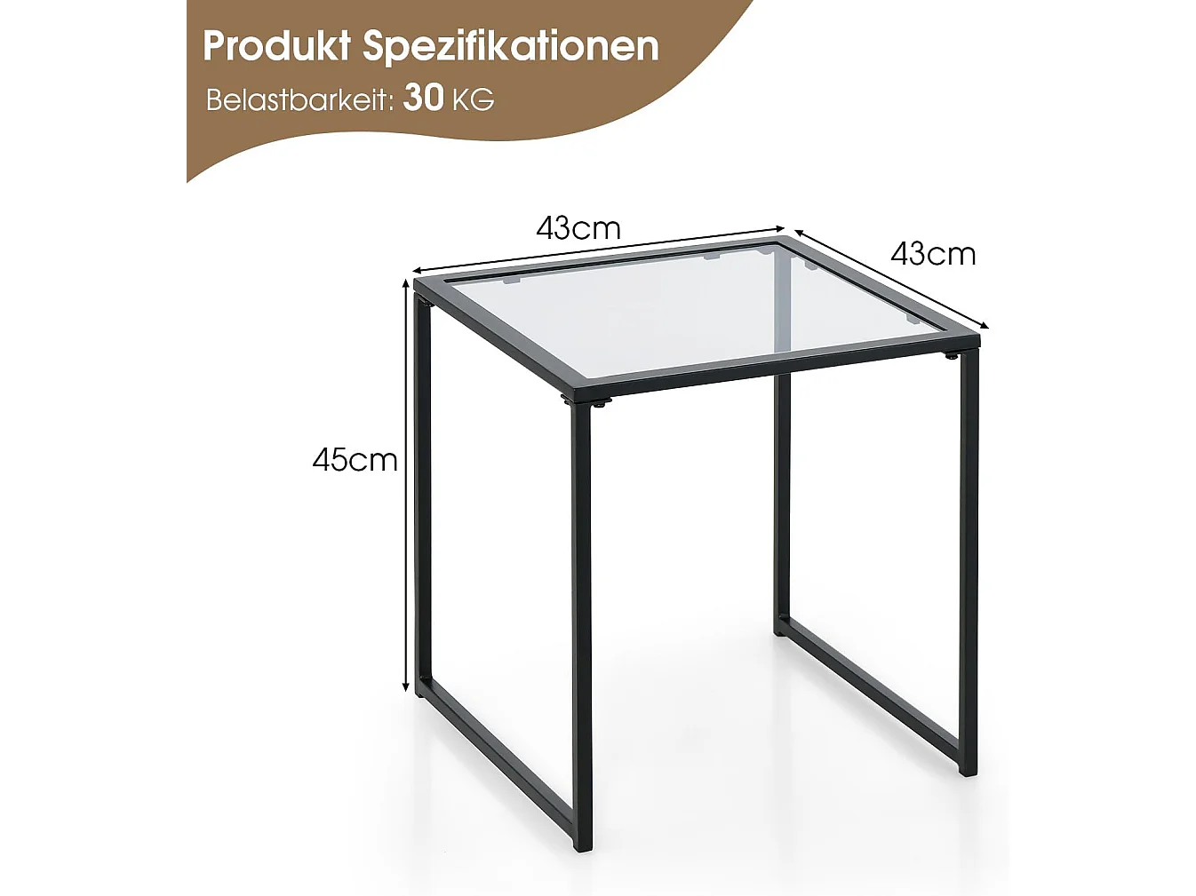 Bijzettafel, kleine tuintafel, balkontafel met tafelblad van gehard glas, koffietafel voor woonkamer, tuin, balkon, terras, 43 x 43 x 45 cm