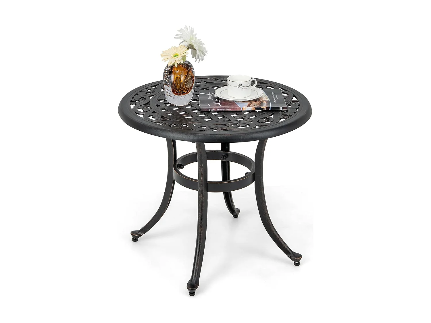 Bijzettafel van gegoten aluminium, weerbestendige balkontafel met verstelbare voetkussens, ronde tuintafel voor tuin, achtertuin, balkon, 60 x 60 x 53 cm ZB33544