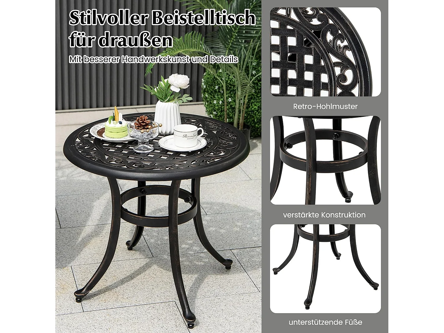 Bijzettafel van gegoten aluminium, weerbestendige balkontafel met verstelbare voetkussens, ronde tuintafel voor tuin, achtertuin, balkon, 60 x 60 x 53 cm ZB33544